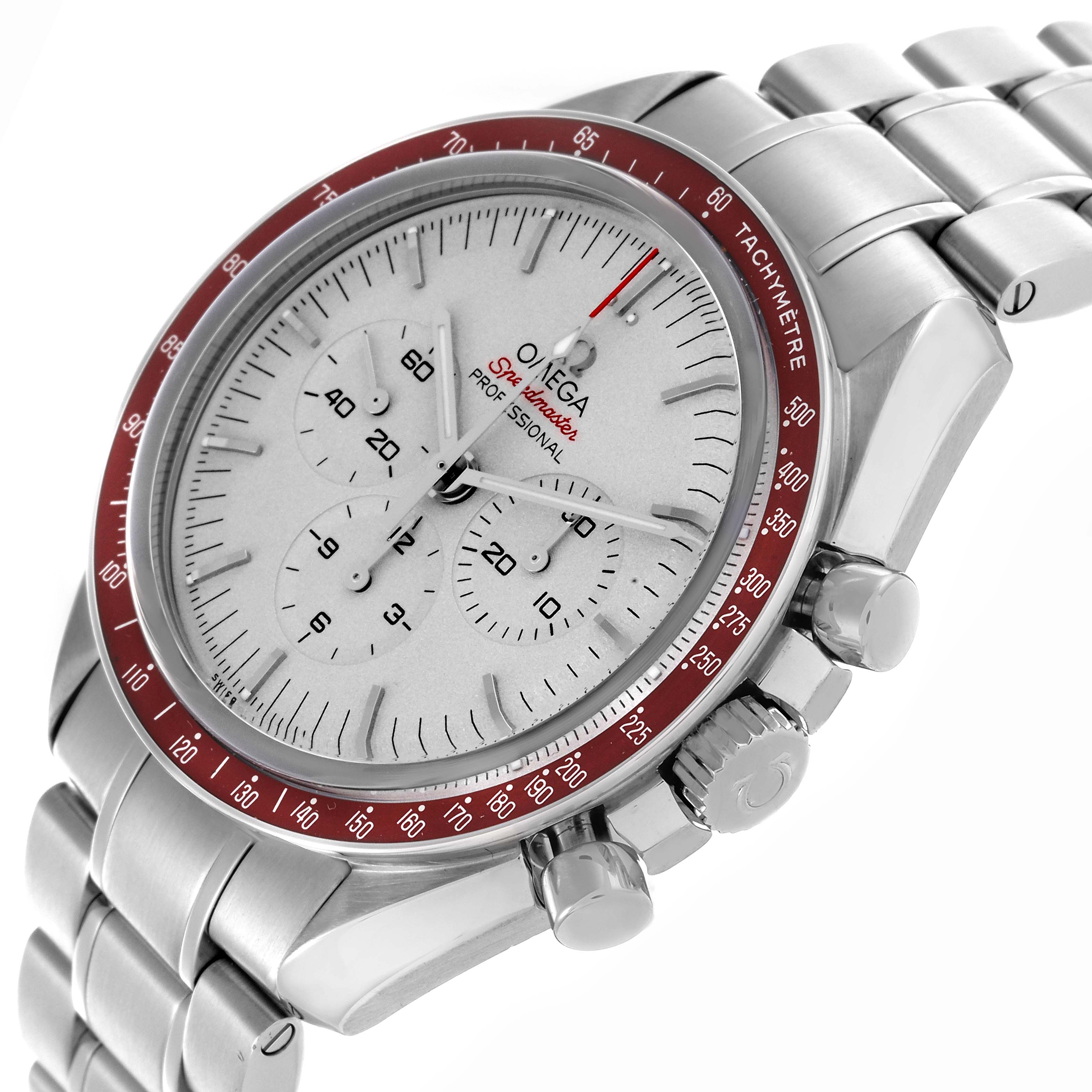 The Omega Speedmaster 522.30.42.30.06.001 Men's Stainless Steel Silver Dial 522.30.42.30.06.001 Men's Stainless Steel Silver Dial watch is shown at an oblique angle, featuring the tachymeter bezel, chronograph dials, and stainless steel bracelet.