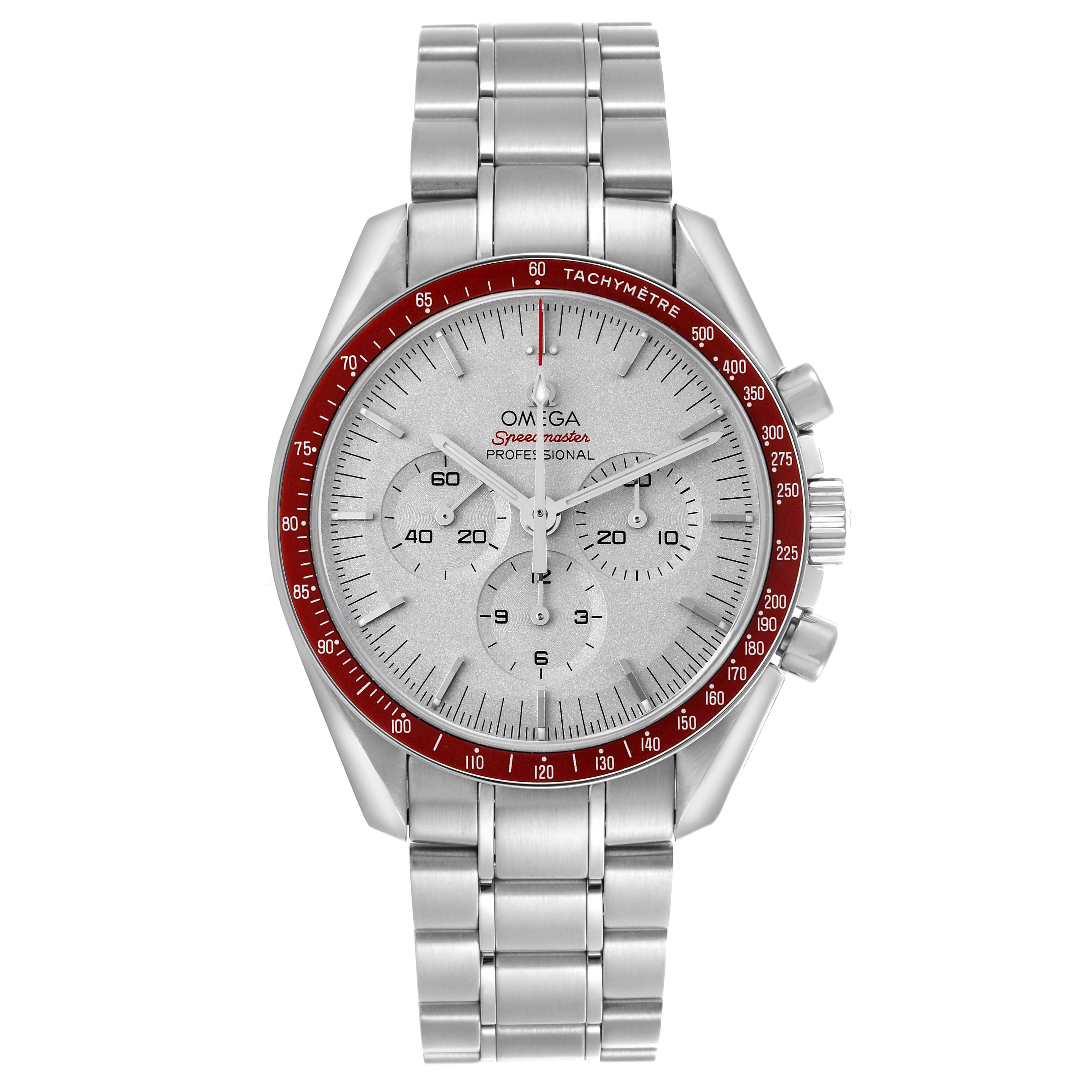 The image shows a front view of an Omega Speedmaster 522.30.42.30.06.001 Men's Stainless Steel Silver Dial 522.30.42.30.06.001 Men's Stainless Steel Silver Dial watch, highlighting the dial, tachymeter bezel, and bracelet.