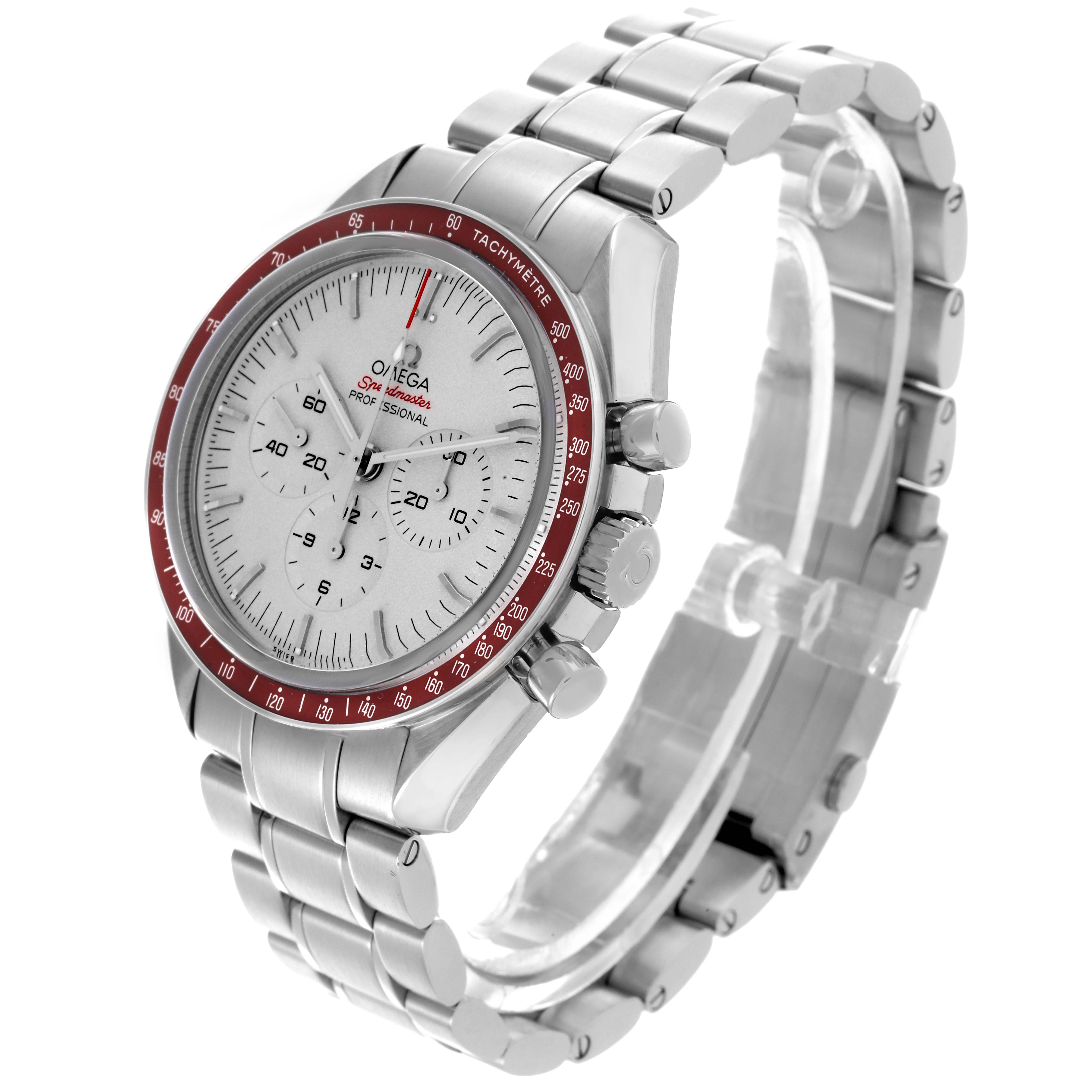 The Omega Speedmaster 522.30.42.30.06.001 Men's Stainless Steel Silver Dial 522.30.42.30.06.001 Men's Stainless Steel Silver Dial is shown at an angled side view, highlighting the bezel, dial, and stainless steel bracelet.