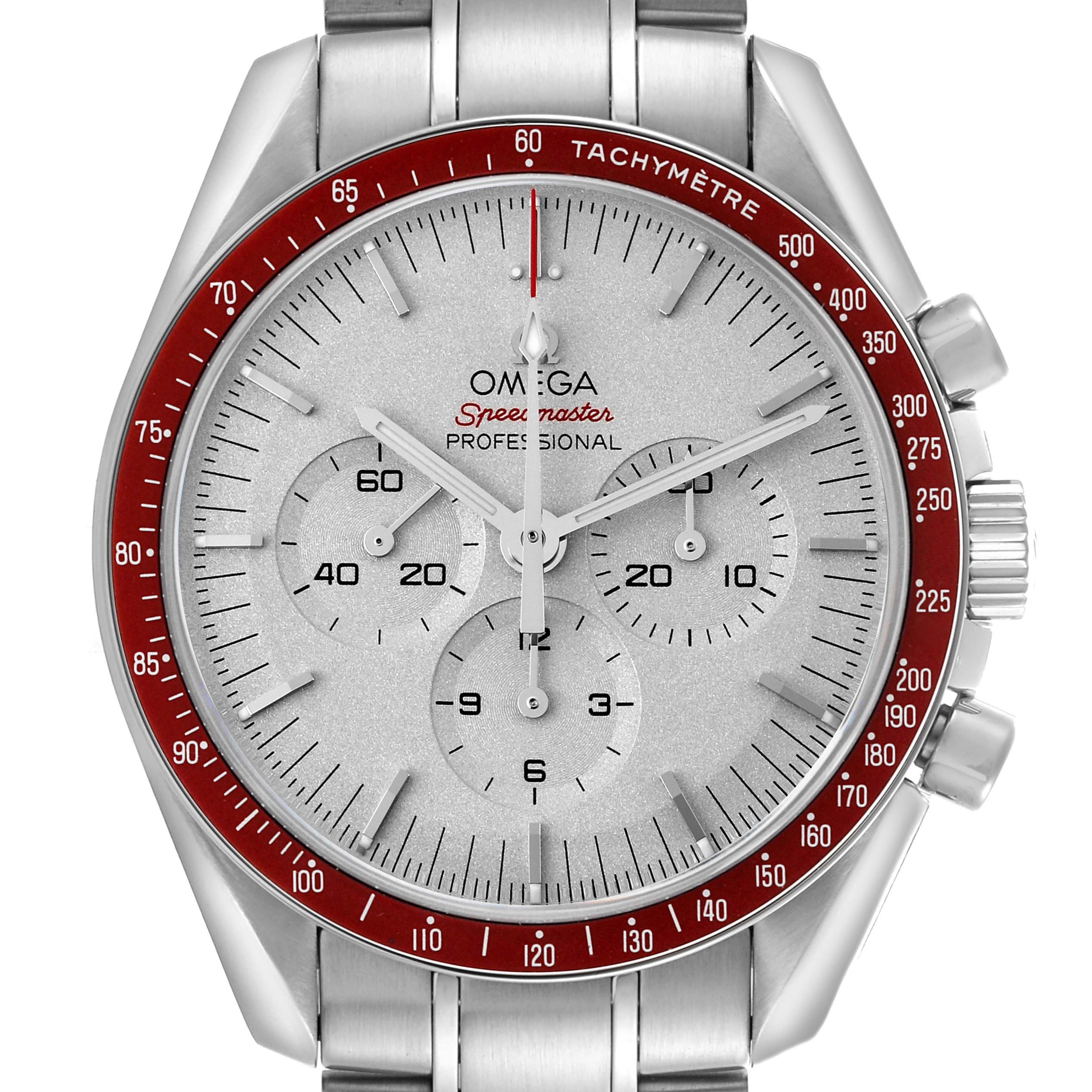 The Omega Speedmaster 522.30.42.30.06.001 Men's Stainless Steel Silver Dial 522.30.42.30.06.001 Men's Stainless Steel Silver Dial is shown from a front angle, highlighting the dial, bezel, and chronograph sub-dials.