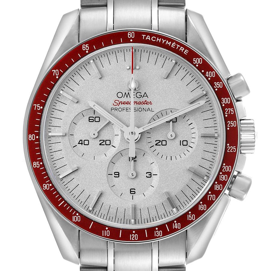 The Omega Speedmaster is shown from a front angle, highlighting the dial, bezel, and chronograph sub-dials.