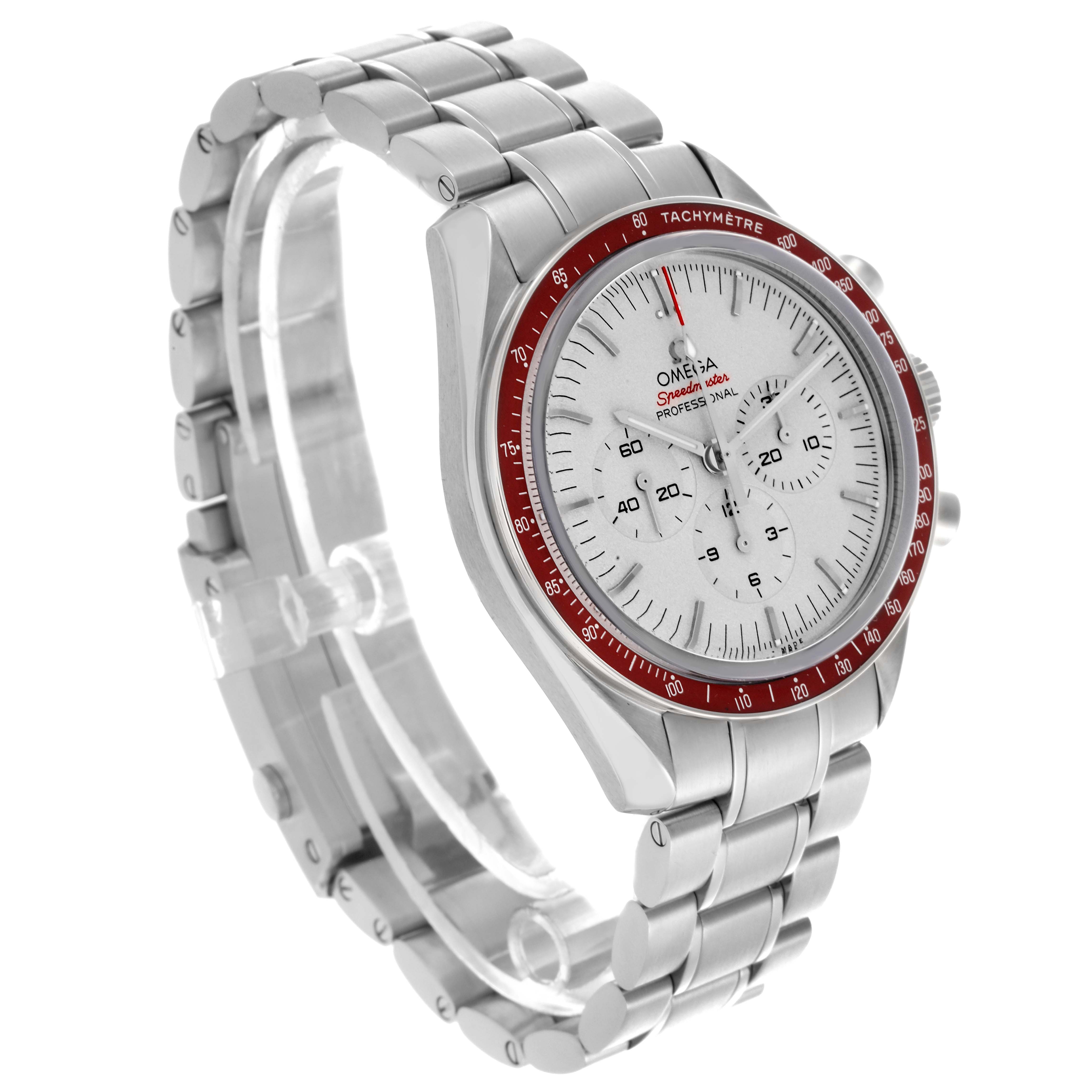 The Omega Speedmaster 522.30.42.30.06.001 Men's Stainless Steel Silver Dial 522.30.42.30.06.001 Men's Stainless Steel Silver Dial watch is shown at a three-quarter angle, highlighting the red tachymeter bezel, white dial, and stainless steel bracelet.