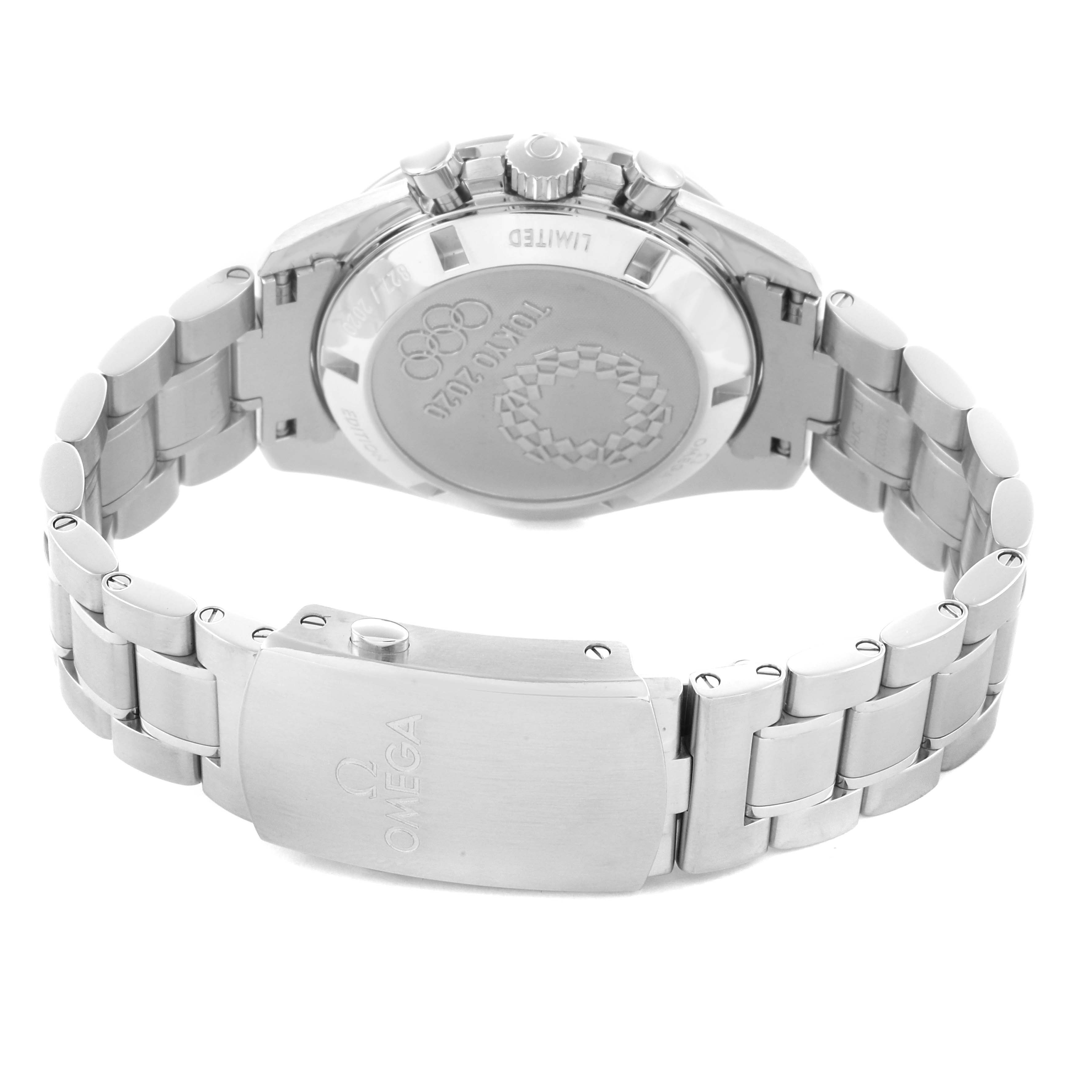 The Omega Speedmaster 522.30.42.30.06.001 Men's Stainless Steel Silver Dial 522.30.42.30.06.001 Men's Stainless Steel Silver Dial watch is shown from the back, highlighting the clasp and engraved case back.