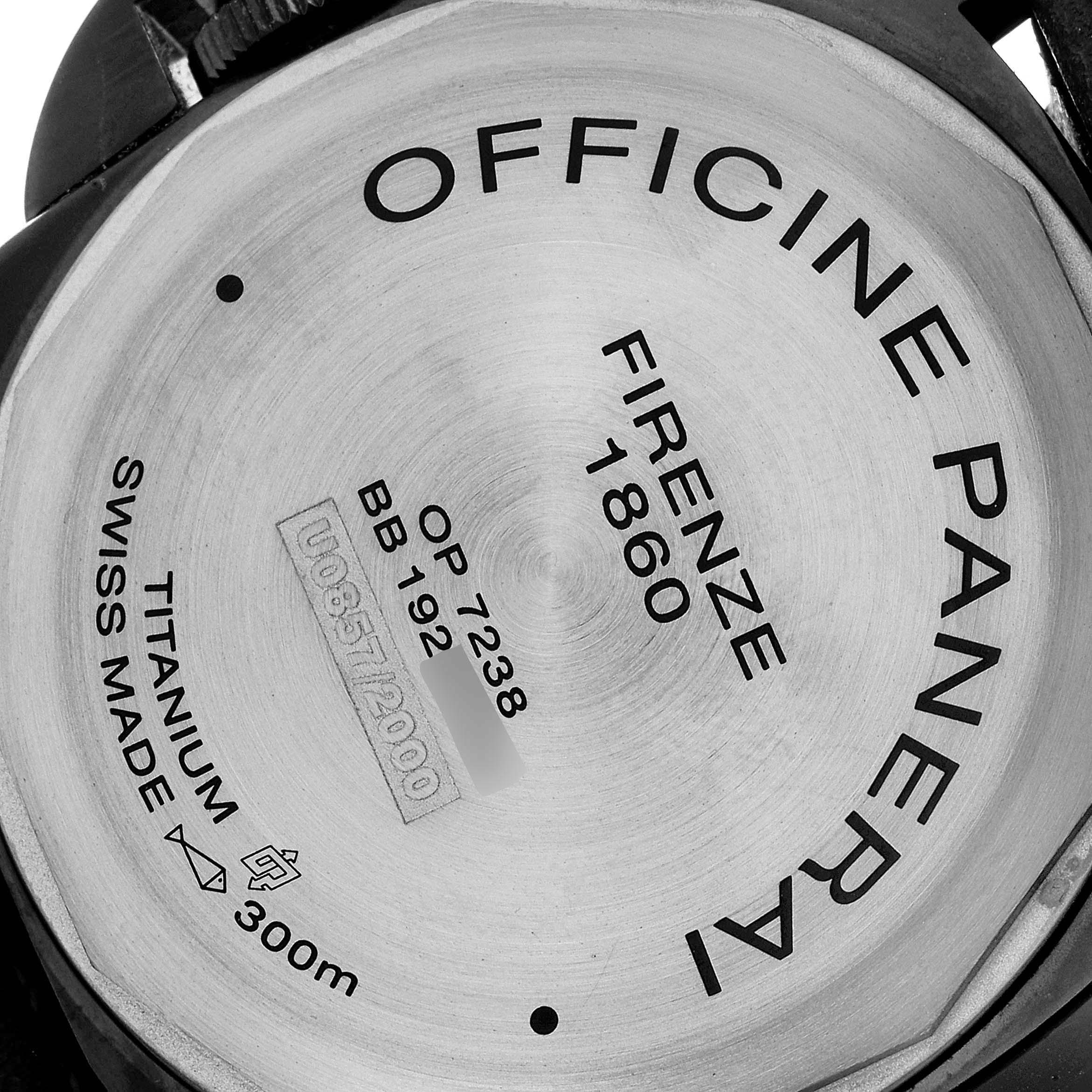 The image shows the back case of a Panerai Luminor PAM00779 Men's Titanium Black Dial PAM00779 Men's Titanium Black Dial watch, highlighting engravings and serial numbers.