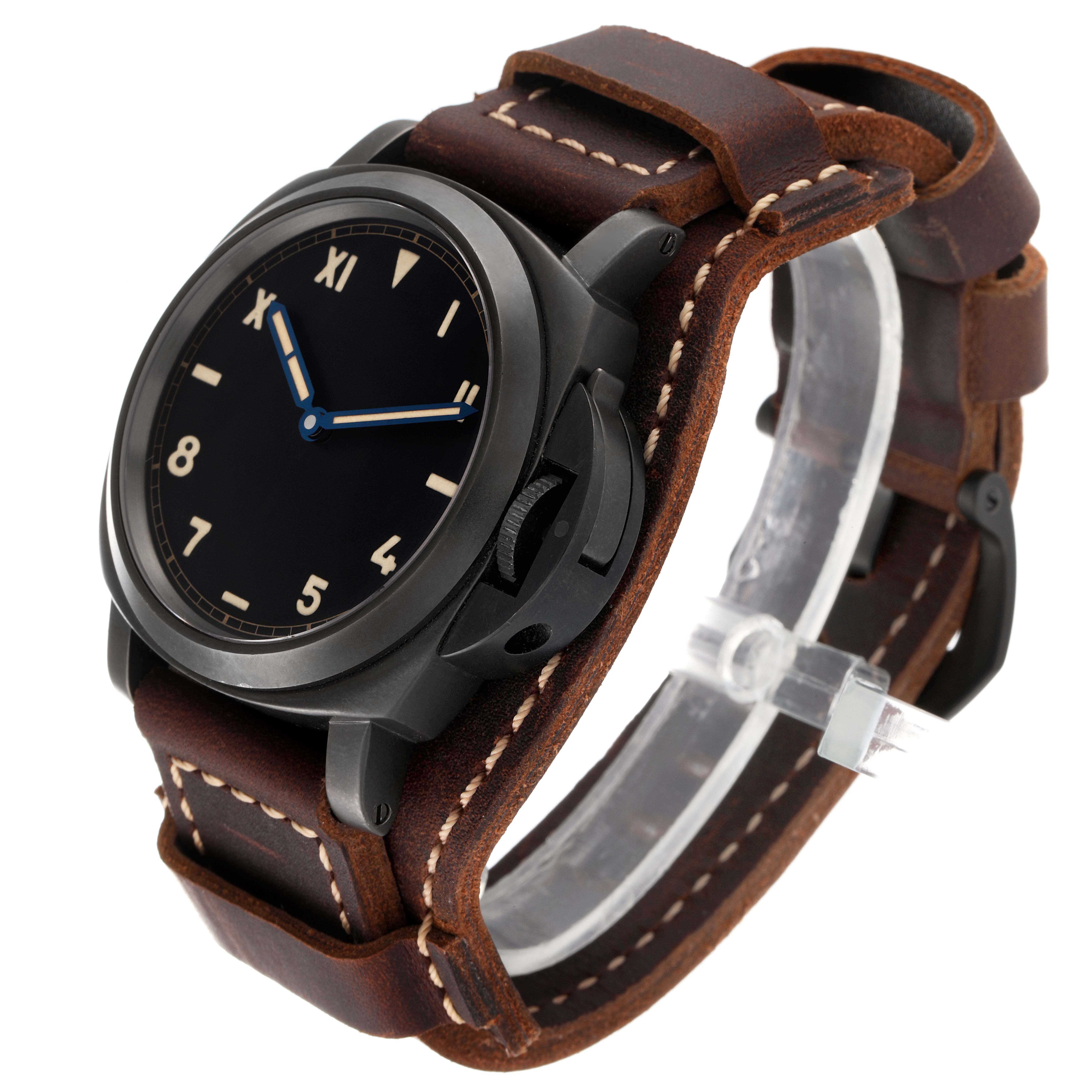 The Panerai Luminor PAM00779 Men's Titanium Black Dial PAM00779 Men's Titanium Black Dial watch is shown at a slight angle, highlighting the face, bezel, and brown leather strap.