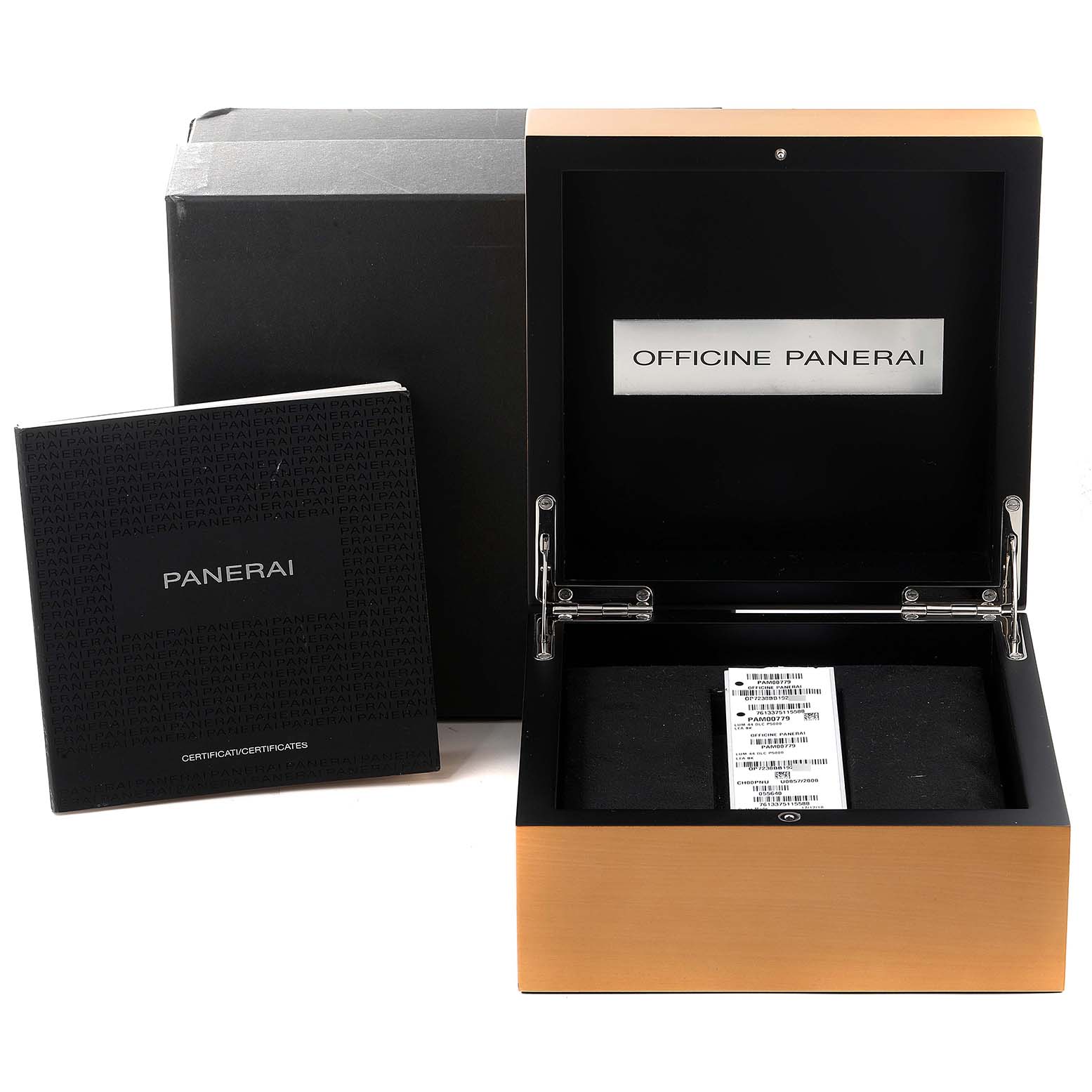 The image shows an open Panerai Luminor PAM00779 Men's Titanium Black Dial PAM00779 Men's Titanium Black Dial watch box, accompanying certification booklets, and exterior packaging.