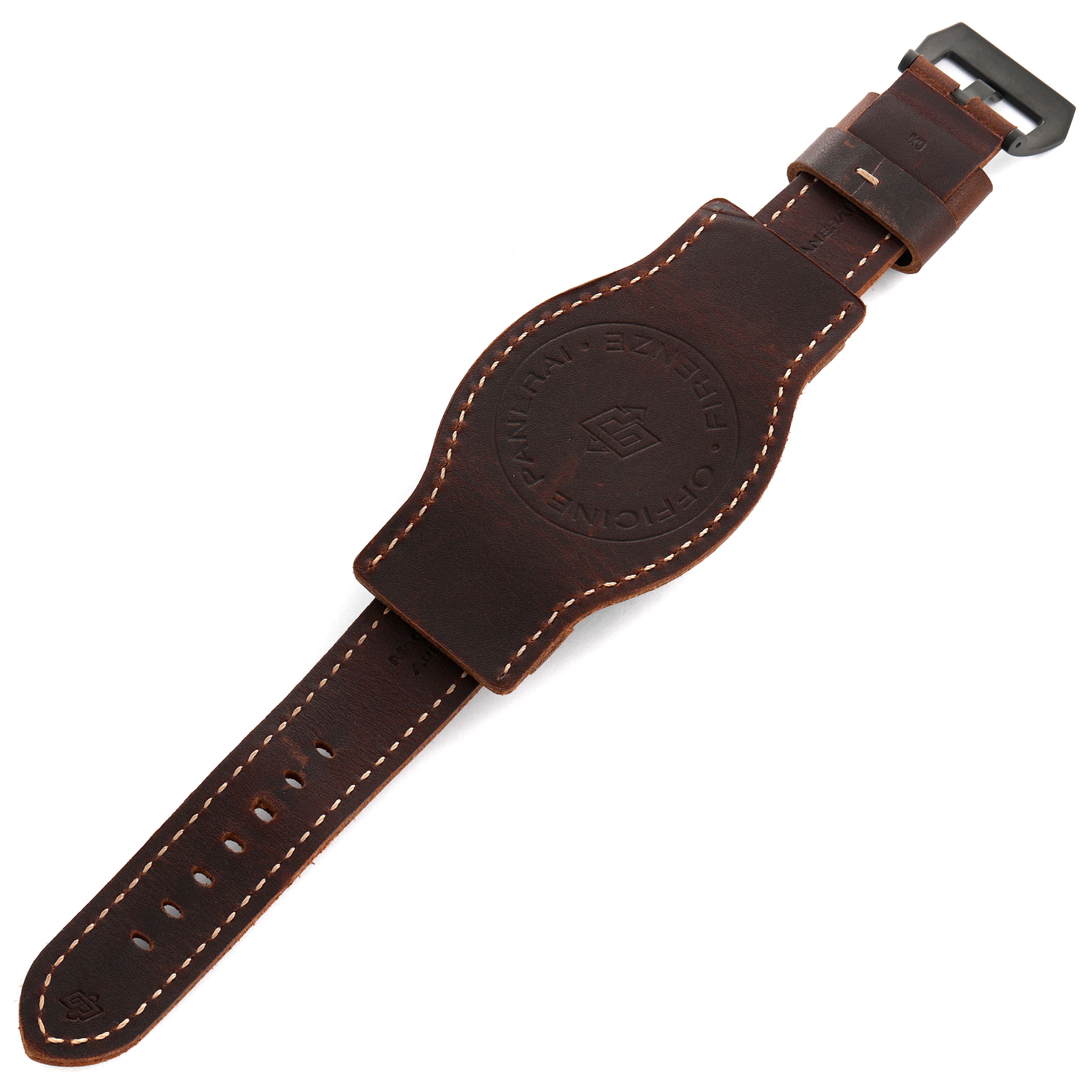 This image shows a leather watch strap for the Panerai Luminor PAM00779 Men's Titanium Black Dial PAM00779 Men's Titanium Black Dial model, featuring its buckle and stitching details.