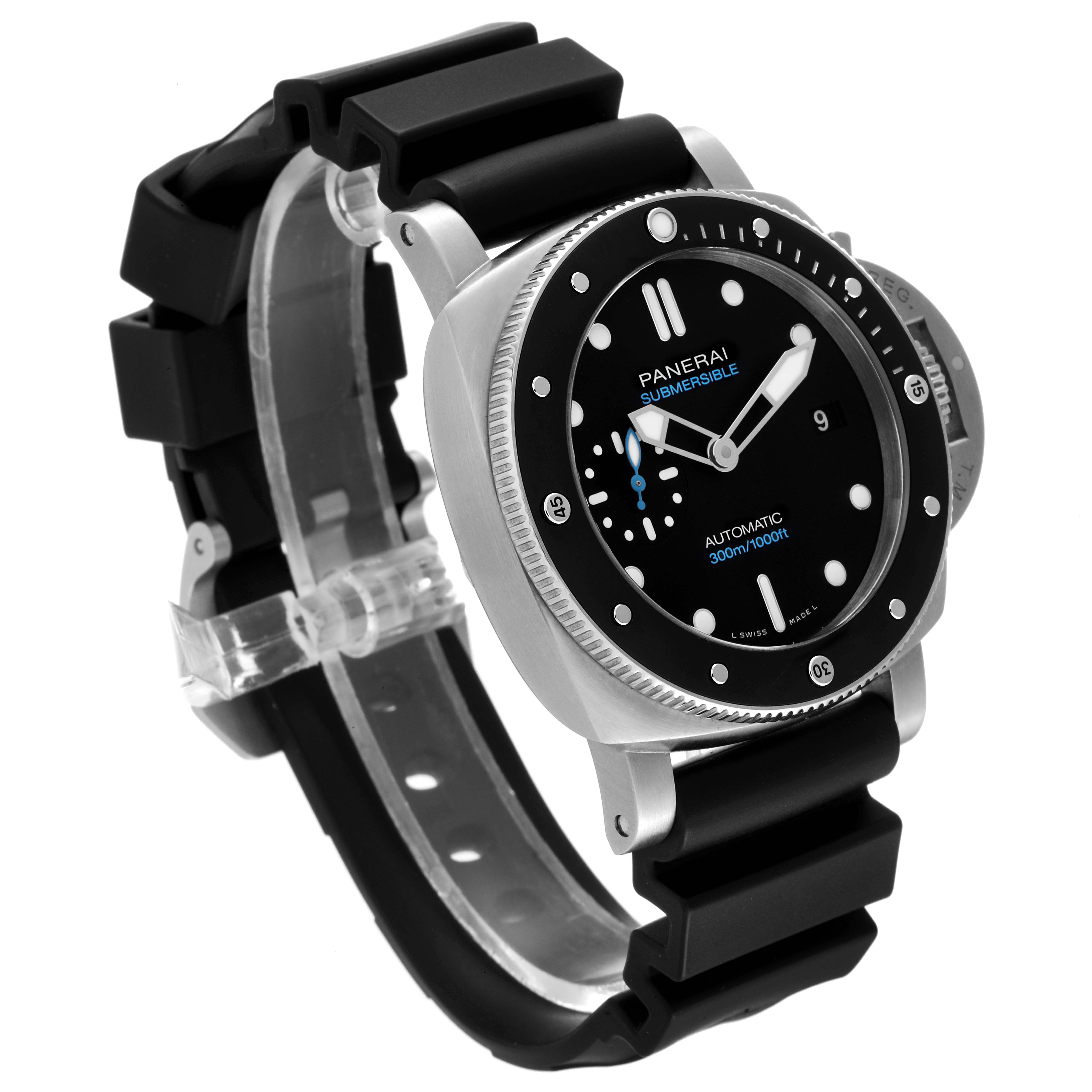 The image shows a Panerai Submersible PAM00683 Men's Stainless Steel Black Dial PAM00683 Men's Stainless Steel Black Dial watch at an angled view highlighting its black dial, bezel, and rubber strap.