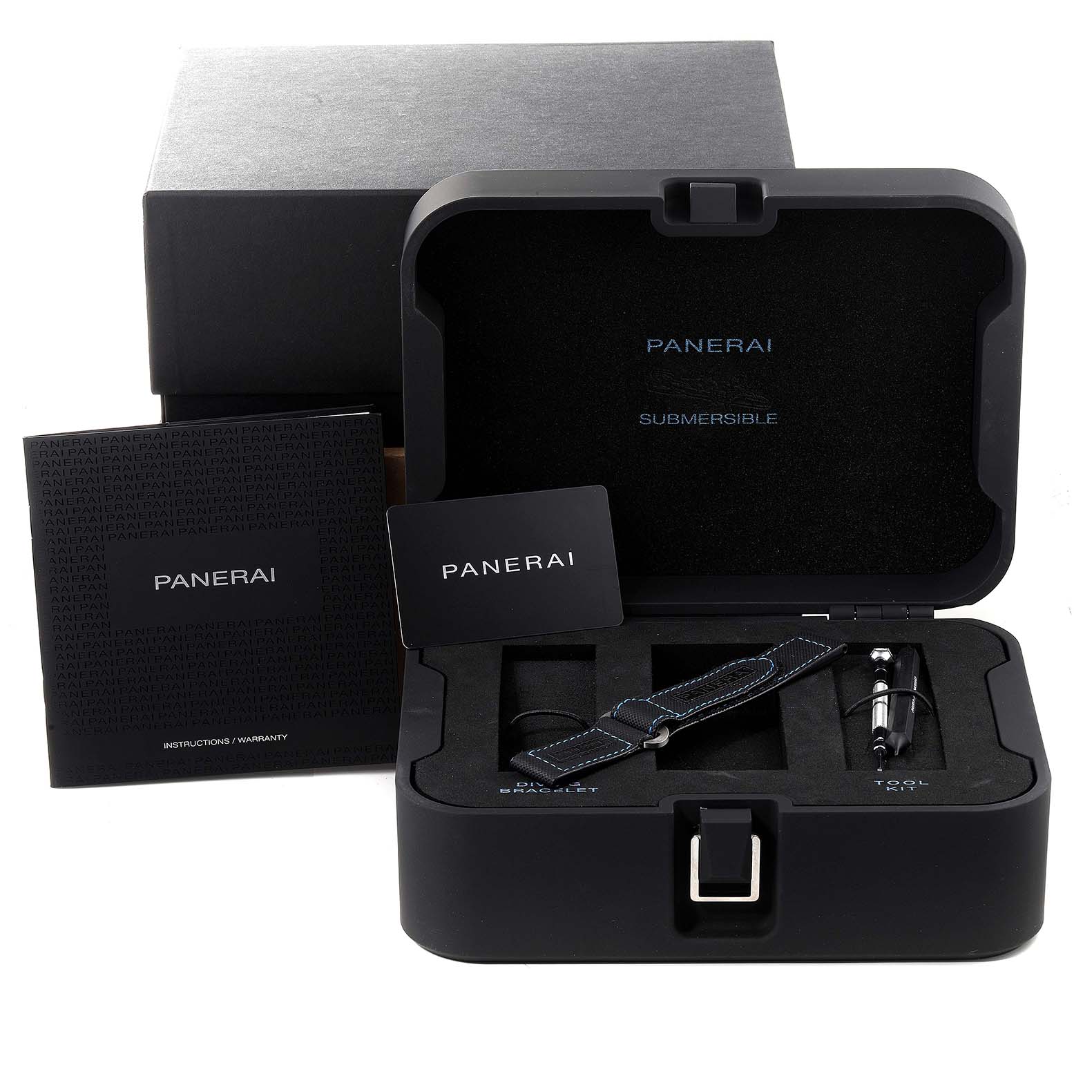 The image shows a Panerai Submersible PAM00683 Men's Stainless Steel Black Dial PAM00683 Men's Stainless Steel Black Dial watch set, including a strap, tools, and documents, from a top front angle.