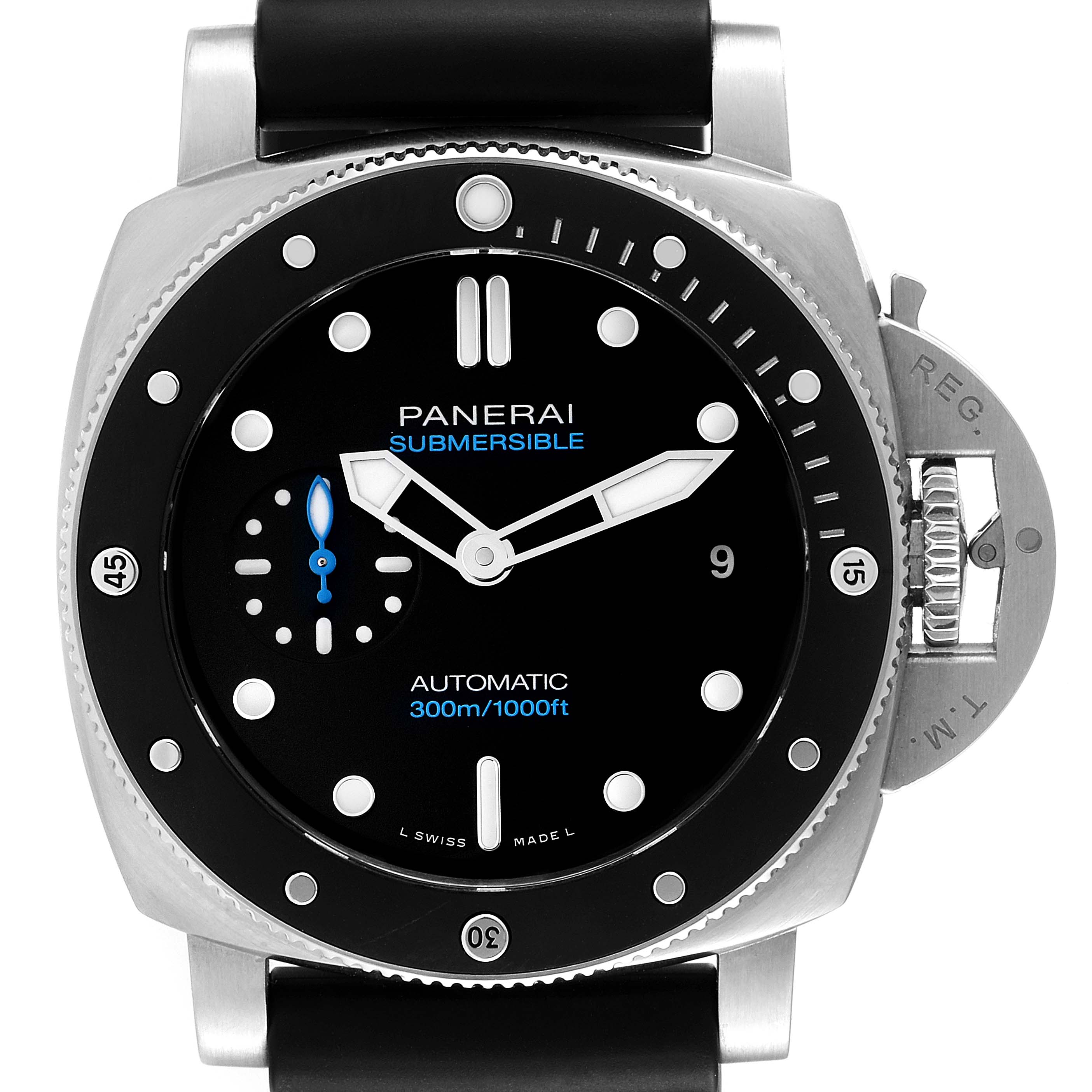 This image shows a front view of the Panerai Submersible PAM00683 Men's Stainless Steel Black Dial PAM00683 Men's Stainless Steel Black Dial watch, highlighting its dial, bezel, and crown guard.