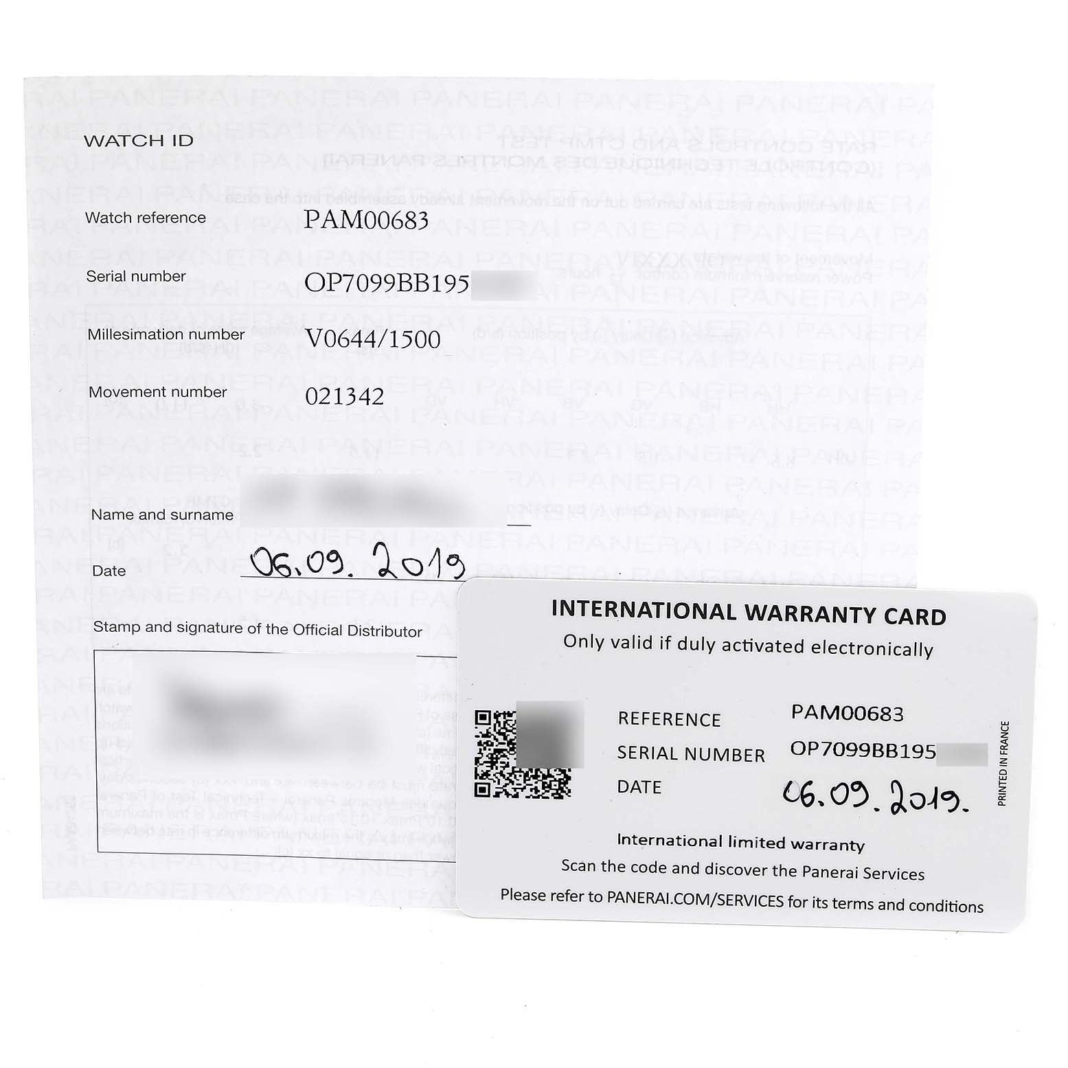 This image shows documents and warranty cards for the Panerai Submersible PAM00683 Men's Stainless Steel Black Dial PAM00683 Men's Stainless Steel Black Dial model PAM00683.