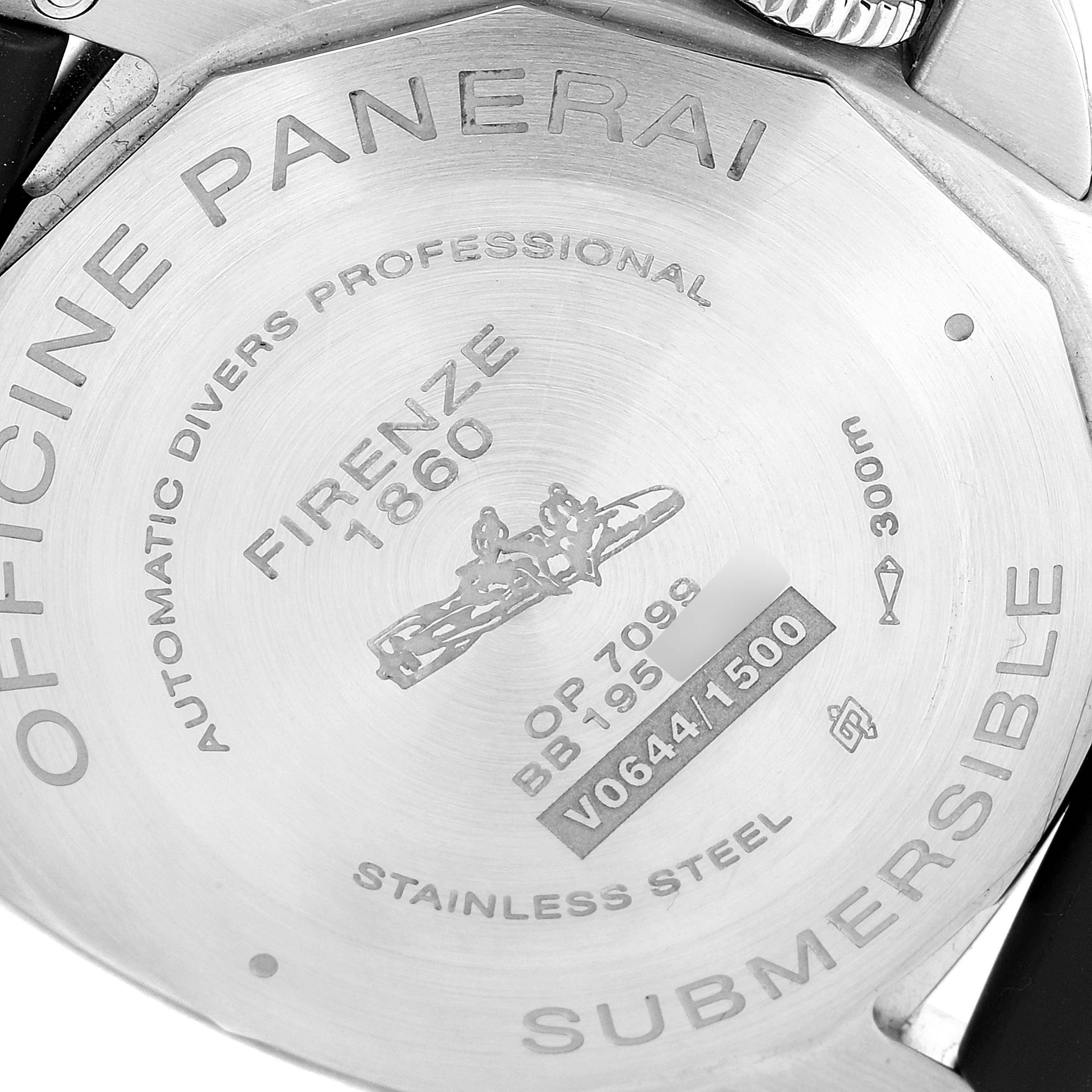 The image shows the back of a Panerai Submersible PAM00683 Men's Stainless Steel Black Dial PAM00683 Men's Stainless Steel Black Dial watch, highlighting its engraved details and serial information.