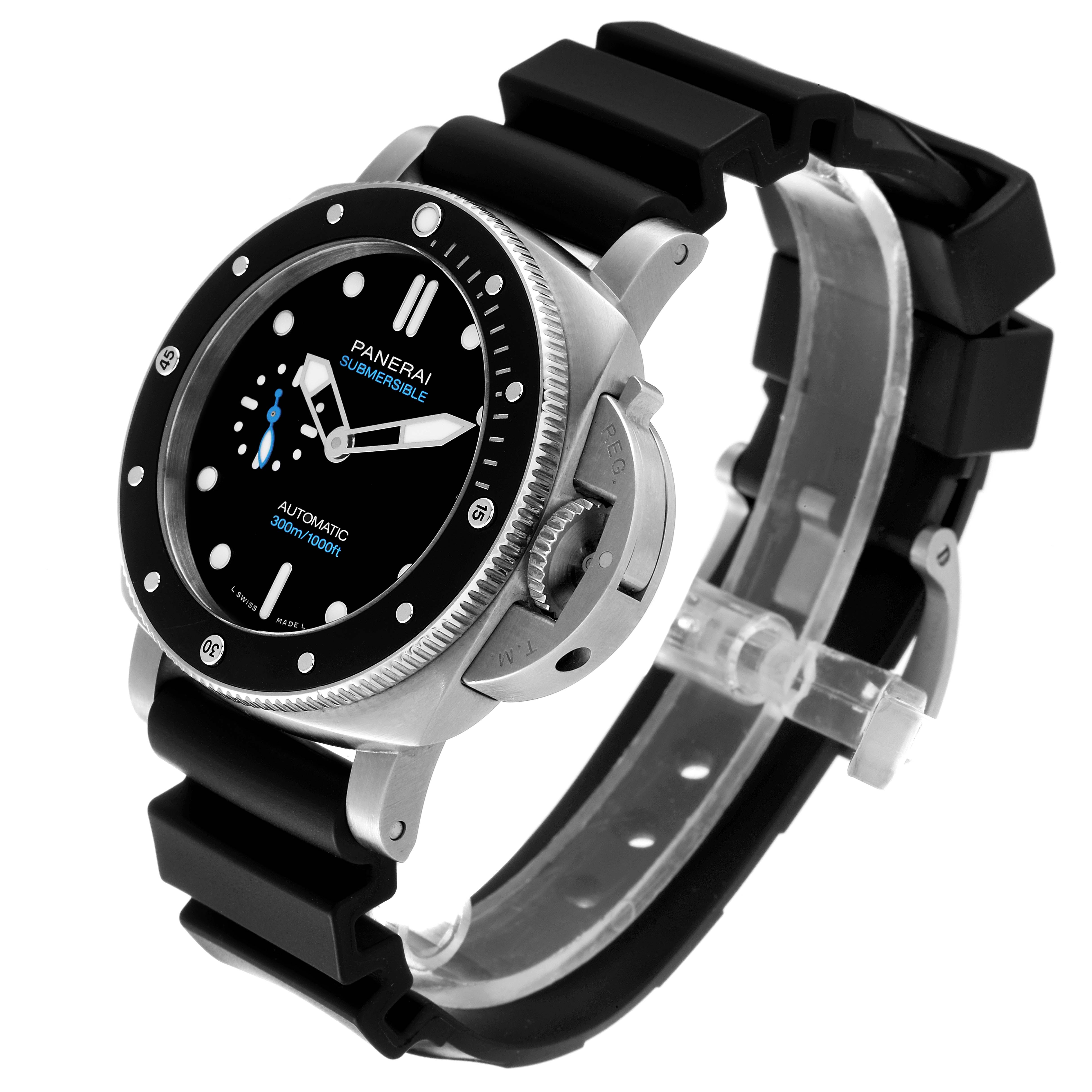 The image shows a side-angle view of a Panerai Submersible PAM00683 Men's Stainless Steel Black Dial PAM00683 Men's Stainless Steel Black Dial watch, highlighting the dial, bezel, crown guard, and rubber strap.