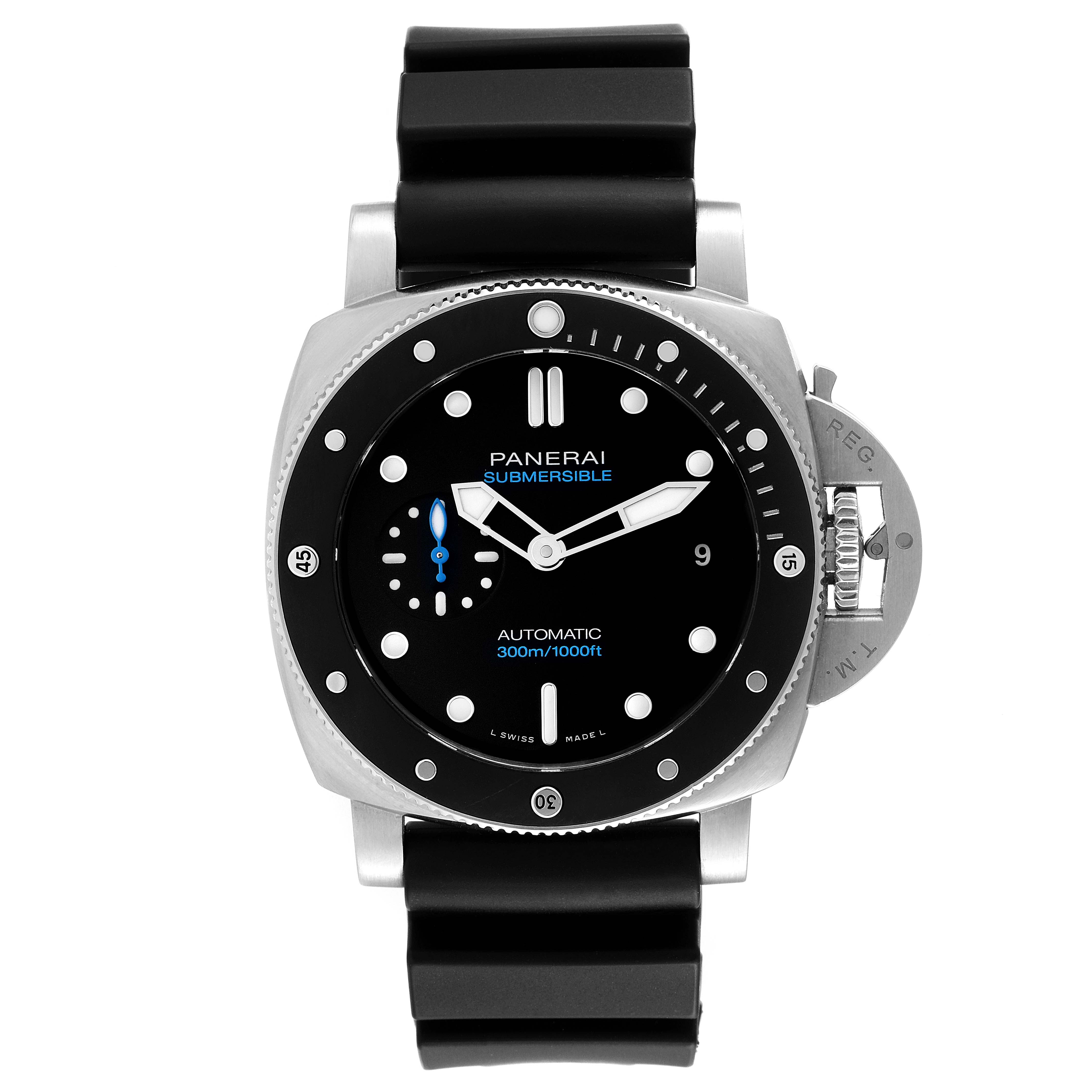 The Panerai Submersible PAM00683 Men's Stainless Steel Black Dial PAM00683 Men's Stainless Steel Black Dial watch is shown from a front angle, displaying its black dial, bezel, and rubber strap.