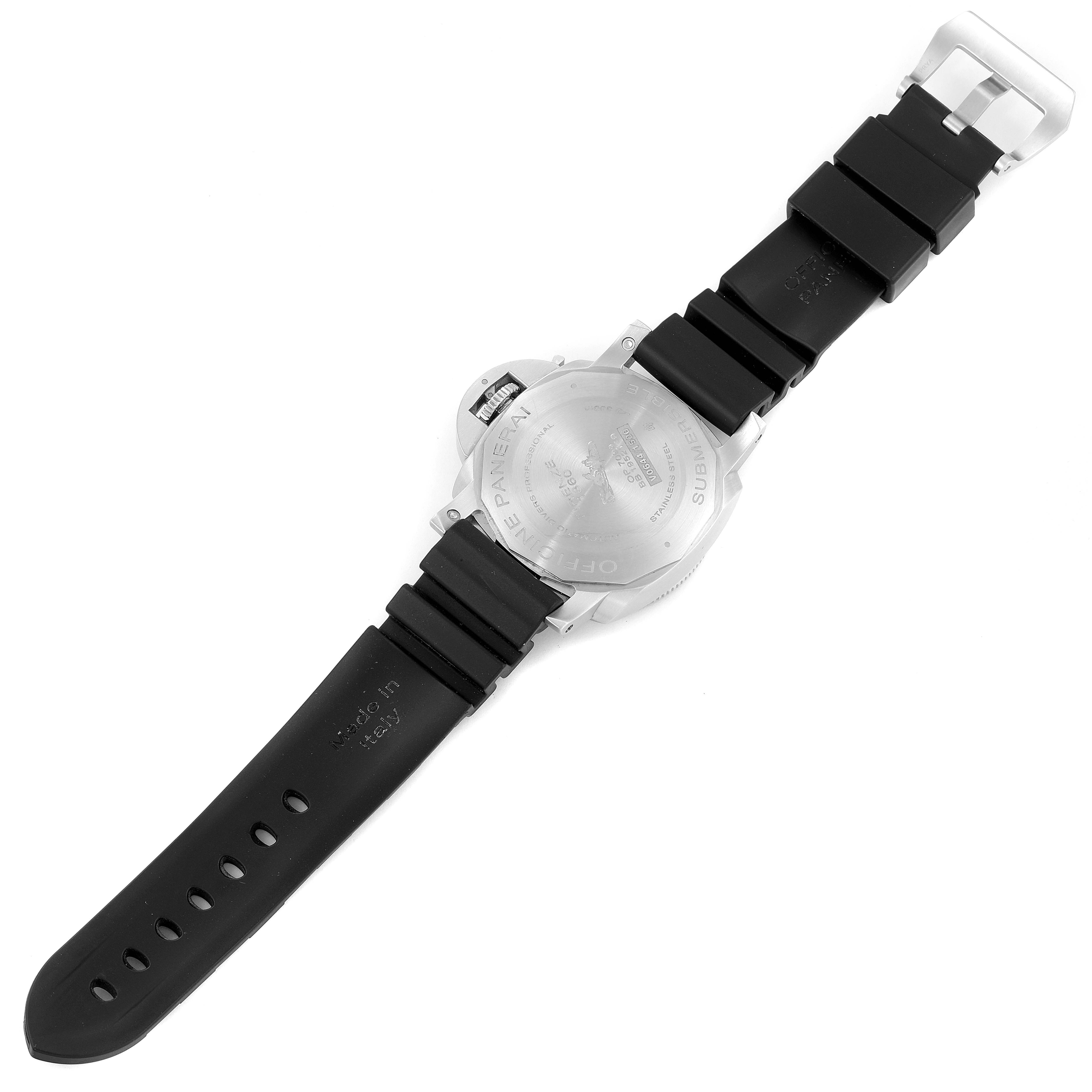 The image shows the back case and black rubber strap of the Panerai Submersible PAM00683 Men's Stainless Steel Black Dial PAM00683 Men's Stainless Steel Black Dial watch laid flat.