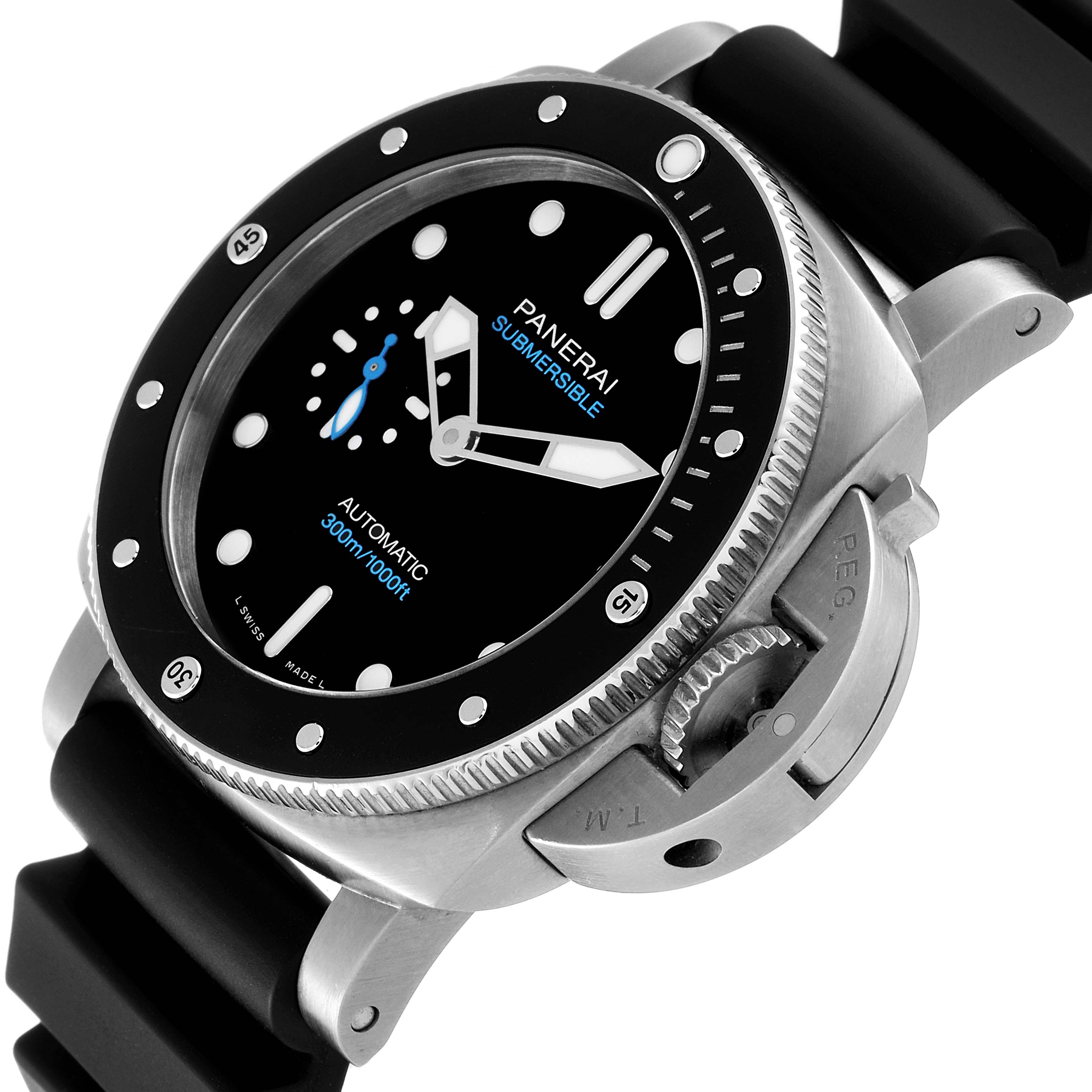 The image shows a close-up angle of the Panerai Submersible PAM00683 Men's Stainless Steel Black Dial PAM00683 Men's Stainless Steel Black Dial watch, highlighting the dial, bezel, and crown guard.