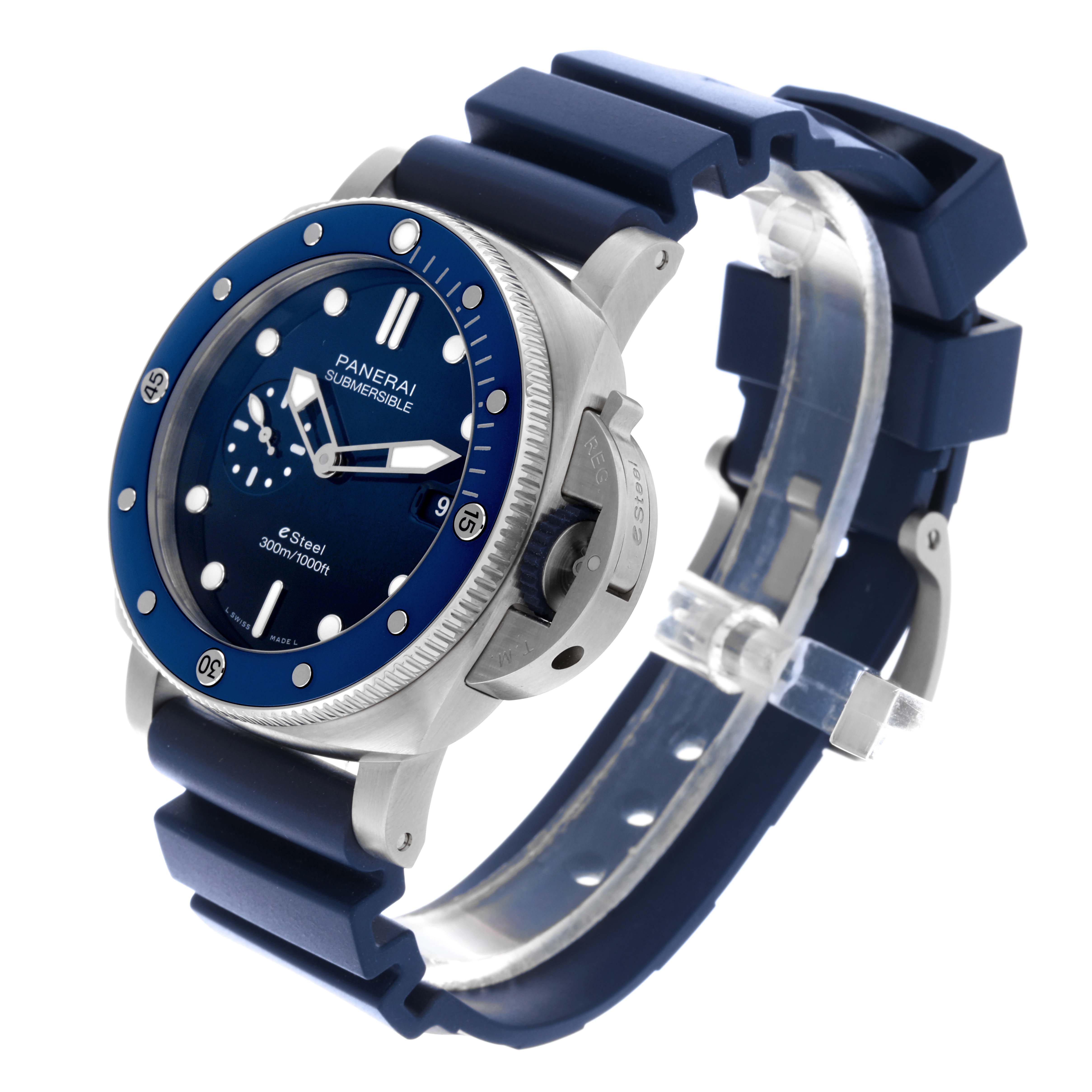 The Panerai Submersible PAM01289 Men's Stainless Steel Blue Dial PAM01289 Men's Stainless Steel Blue Dial watch is shown at a slight angle, displaying the blue dial, bezel, crown guard, and strap.