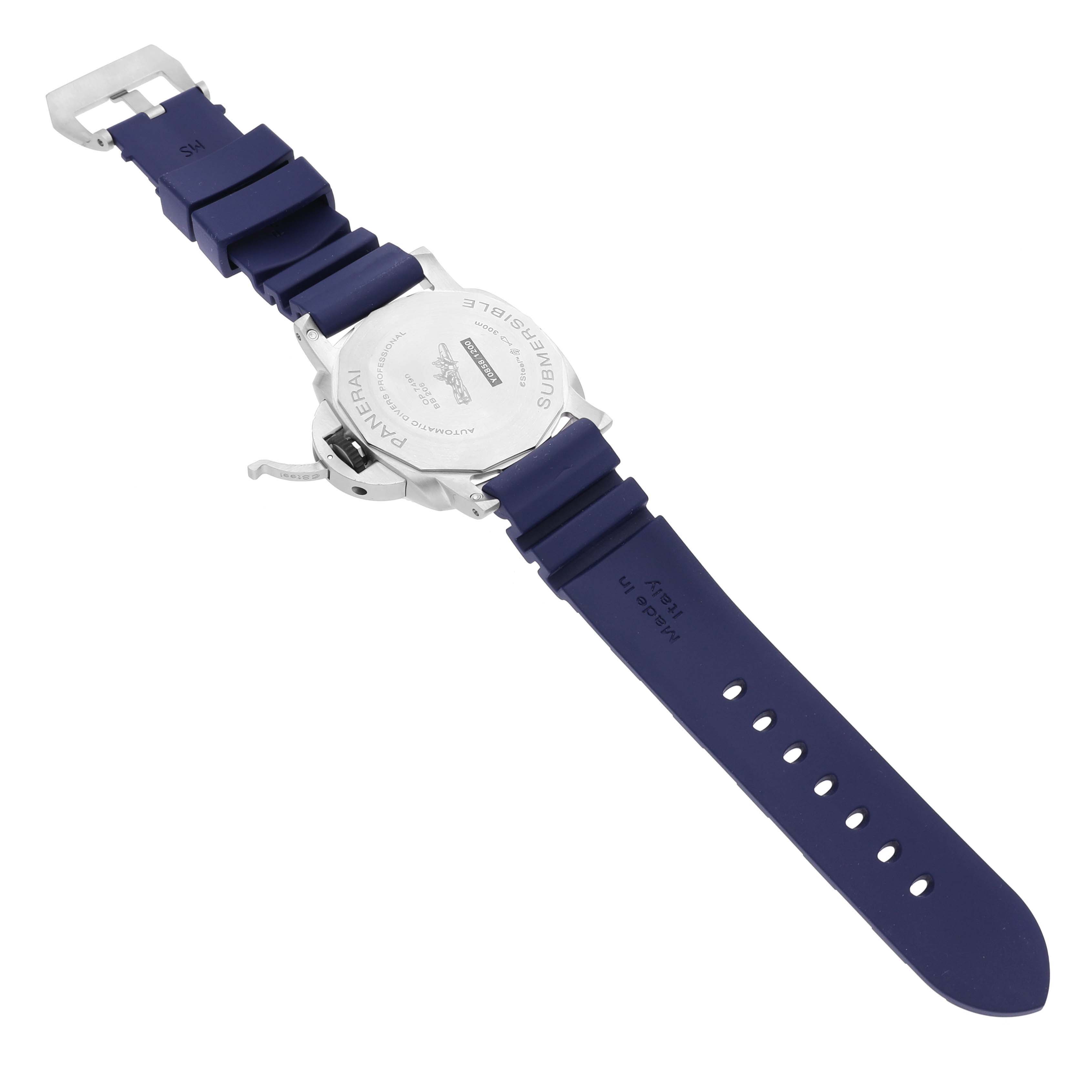 The Panerai Submersible PAM01289 Men's Stainless Steel Blue Dial PAM01289 Men's Stainless Steel Blue Dial watch is shown from the back, highlighting the caseback and blue rubber strap.