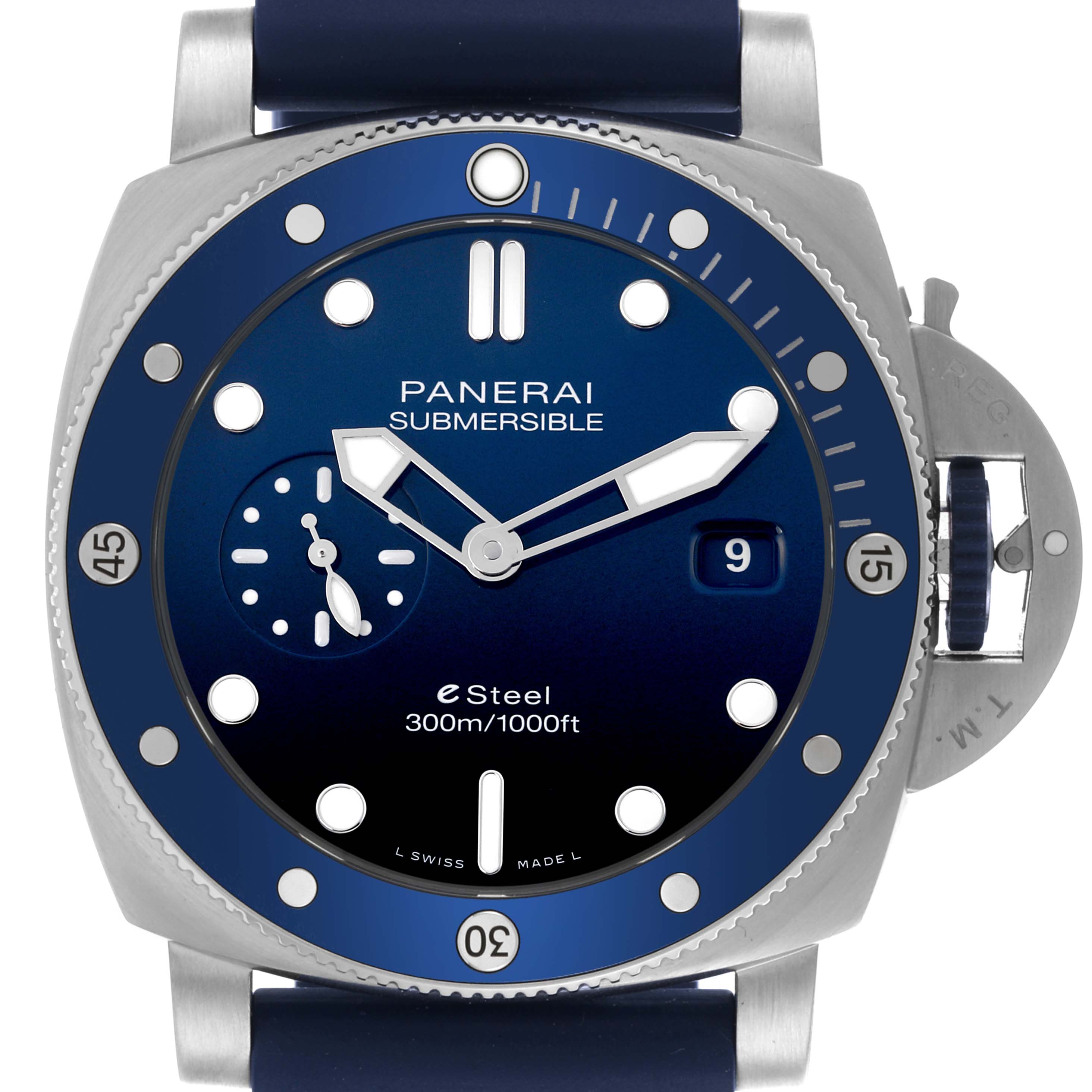 The Panerai Submersible PAM01289 Men's Stainless Steel Blue Dial PAM01289 Men's Stainless Steel Blue Dial watch is shown from the front, highlighting its dial, bezel, crown guard, and strap.