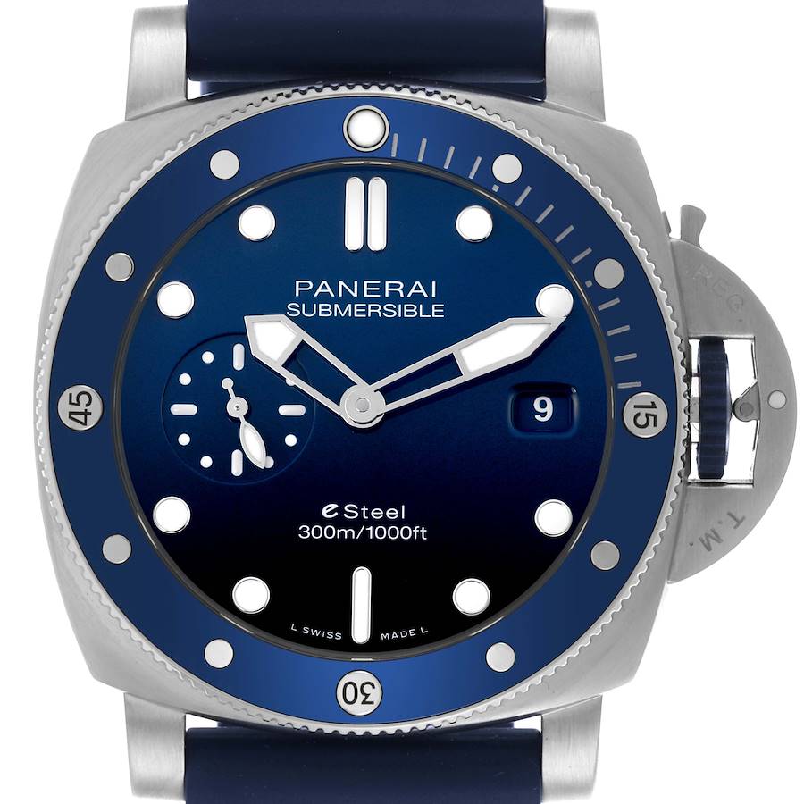 The Panerai Submersible watch is shown from the front, highlighting its dial, bezel, crown guard, and strap.