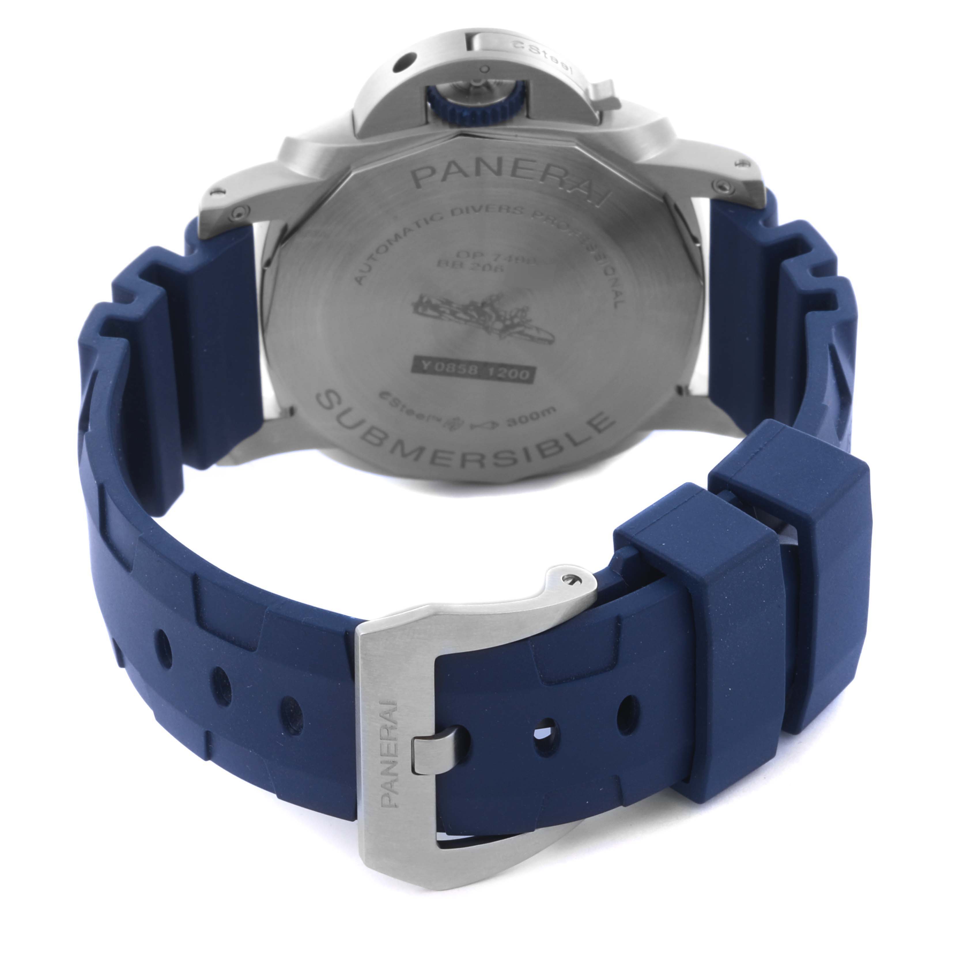 The image shows the back of the Panerai Submersible PAM01289 Men's Stainless Steel Blue Dial PAM01289 Men's Stainless Steel Blue Dial watch, highlighting the case back and blue rubber strap with a buckle.