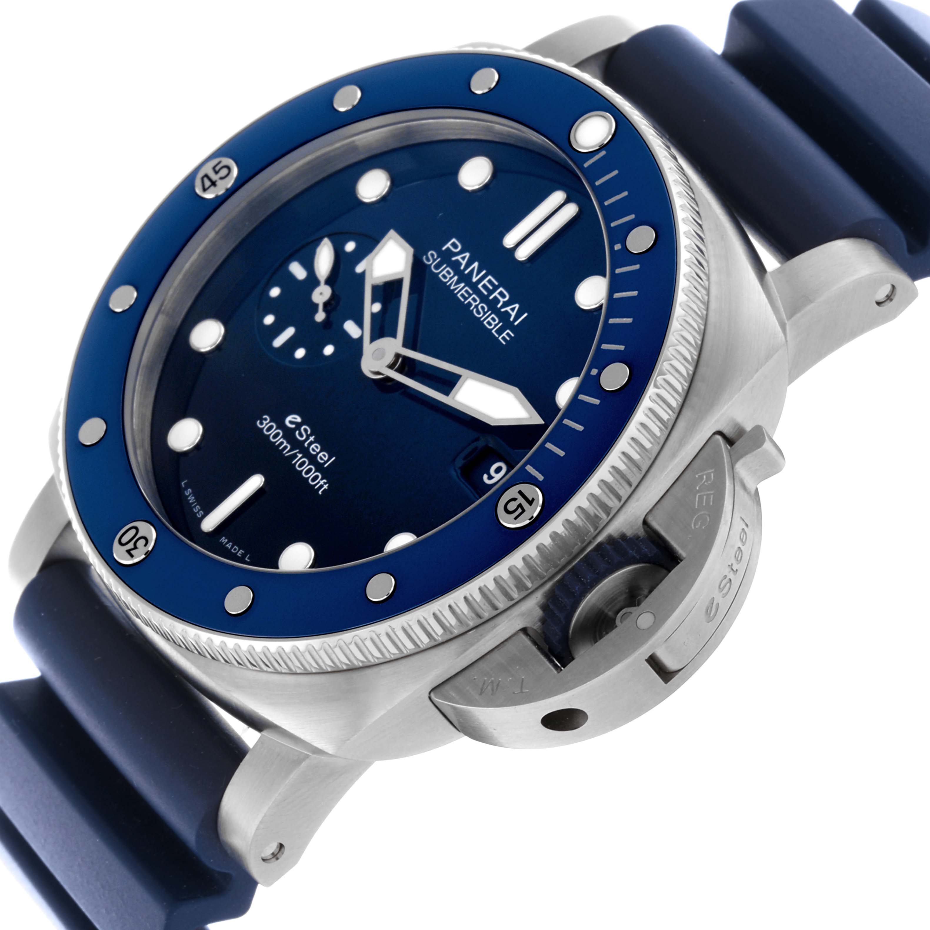 The Panerai Submersible PAM01289 Men's Stainless Steel Blue Dial PAM01289 Men's Stainless Steel Blue Dial watch is shown at a three-quarter angle, highlighting the blue bezel, dial, and side crown guard.