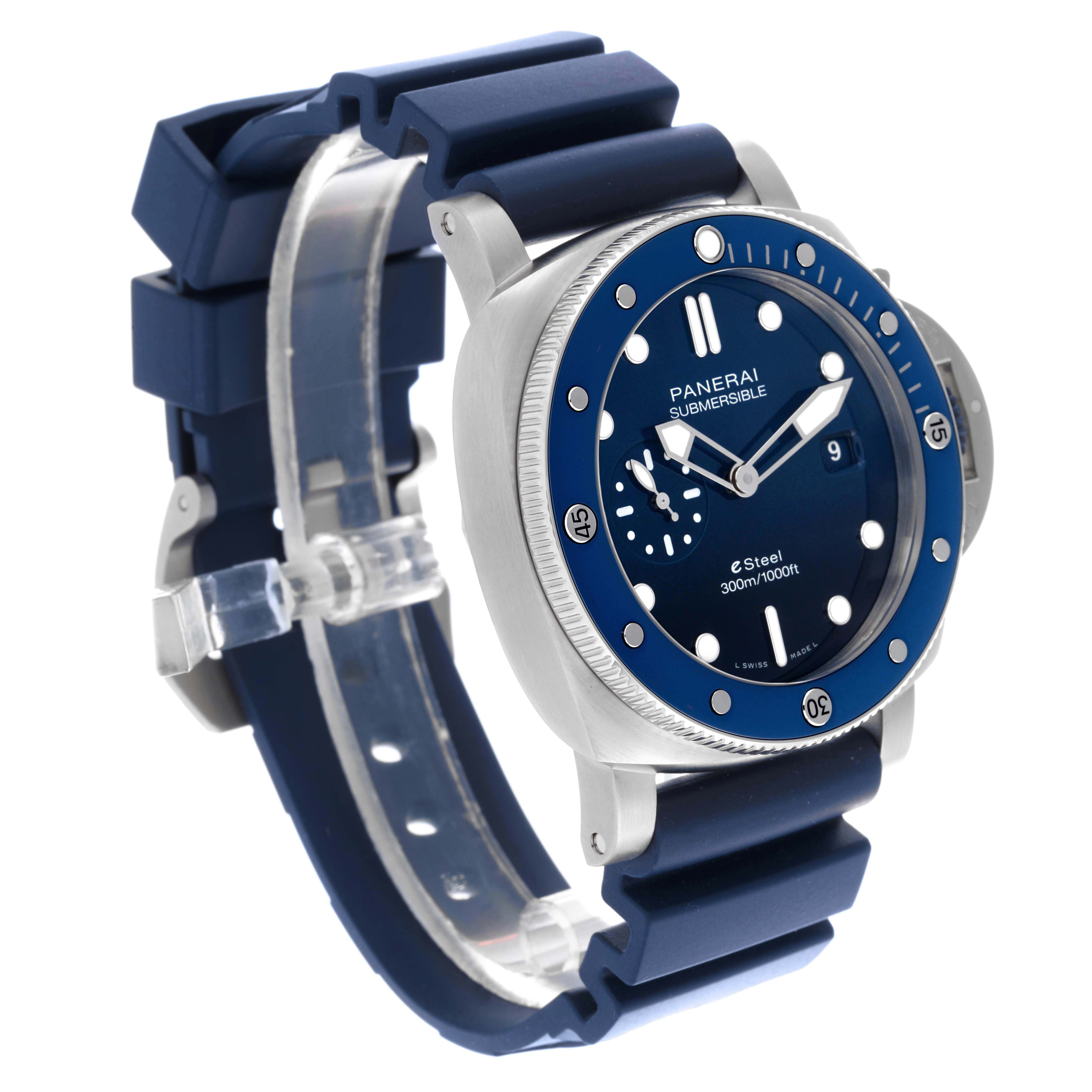 The Panerai Submersible PAM01289 Men's Stainless Steel Blue Dial PAM01289 Men's Stainless Steel Blue Dial watch is shown at a three-quarter angle, highlighting the face, bezel, and blue strap.
