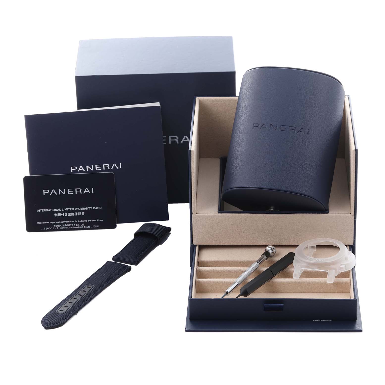 The image shows a Panerai Submersible PAM01289 Men's Stainless Steel Blue Dial PAM01289 Men's Stainless Steel Blue Dial watch set including a strap, tool, case, and warranty card in an open box.