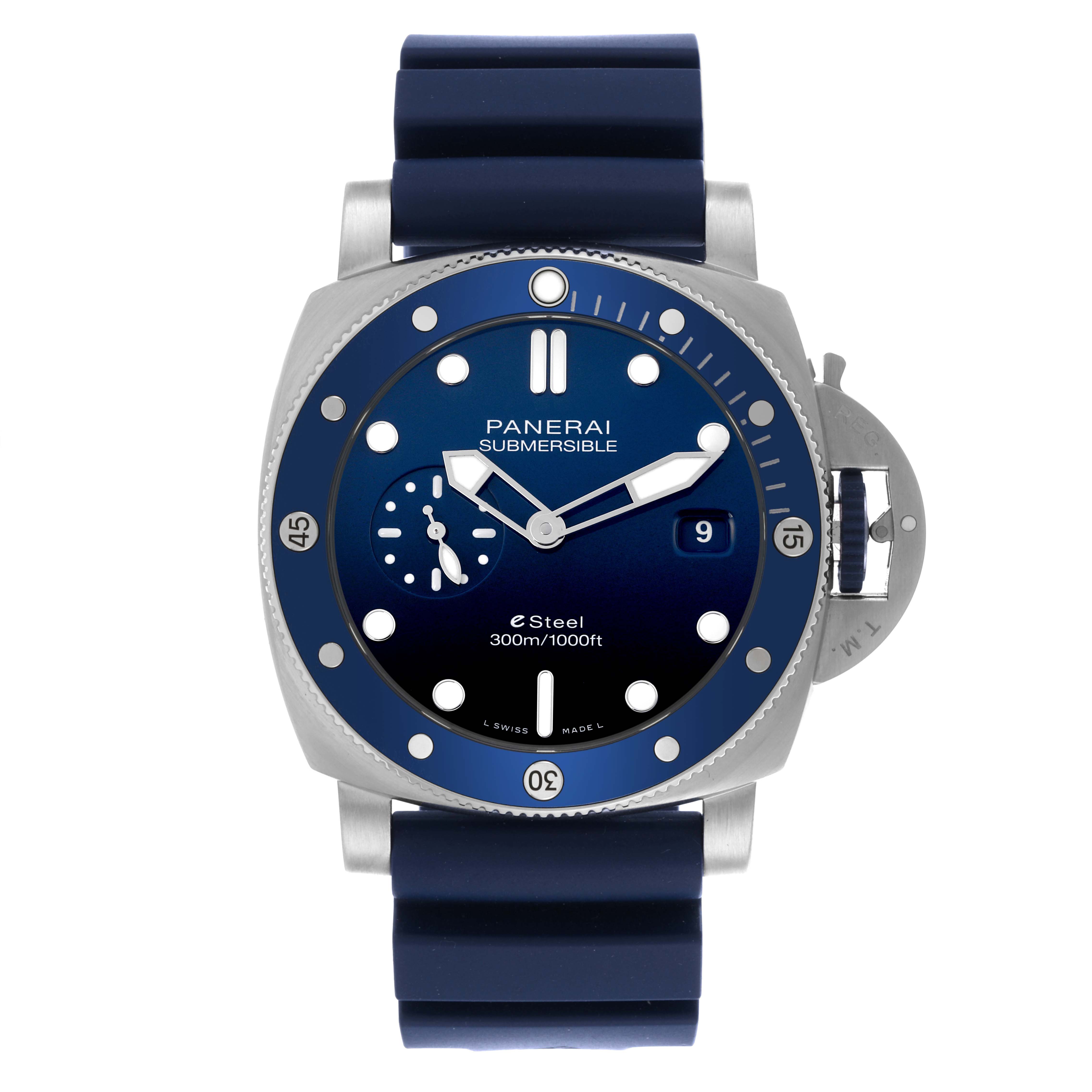 The Panerai Submersible PAM01289 Men's Stainless Steel Blue Dial PAM01289 Men's Stainless Steel Blue Dial watch is shown from a front view, displaying the dial, bezel, and strap.