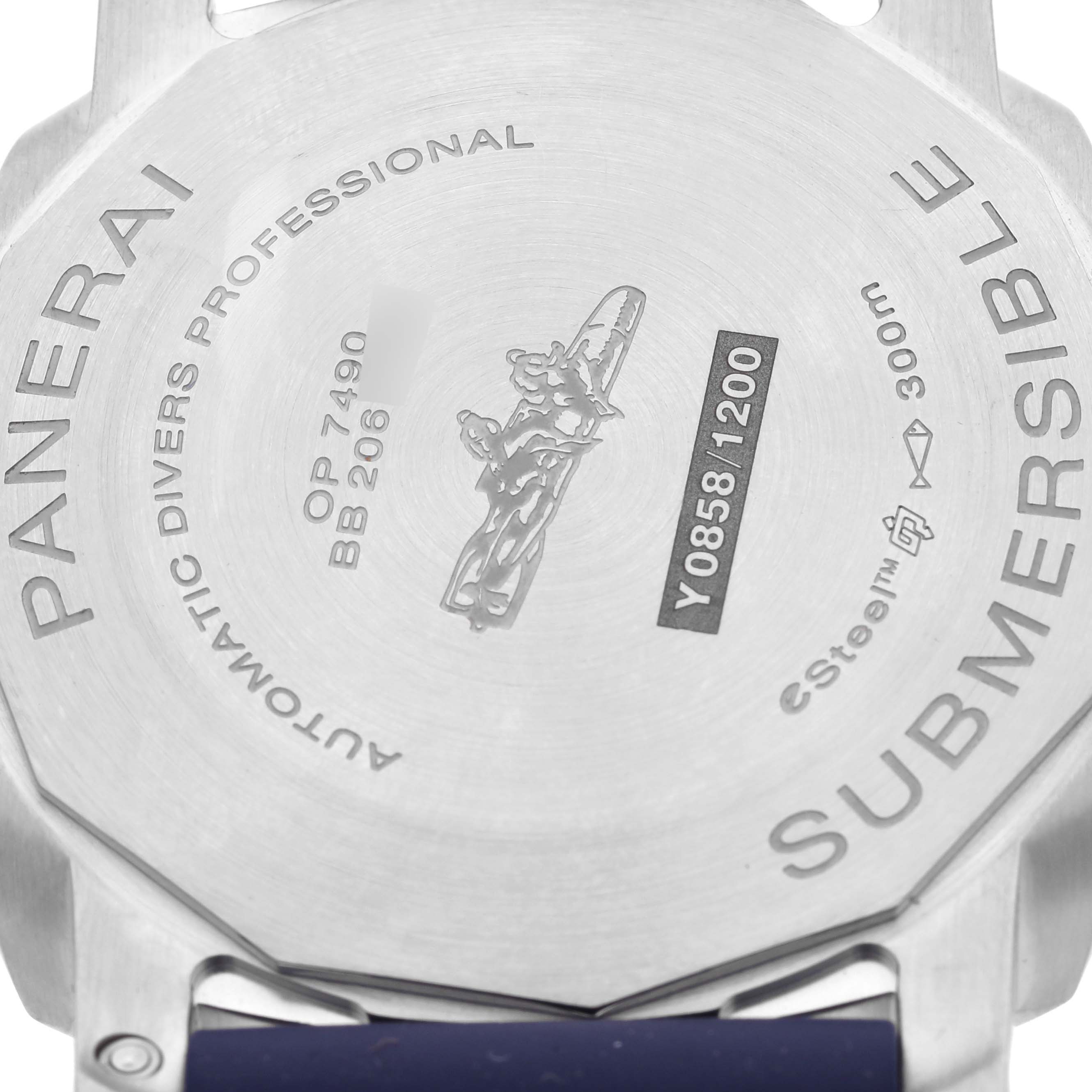 This image shows the case back of a Panerai Submersible PAM01289 Men's Stainless Steel Blue Dial PAM01289 Men's Stainless Steel Blue Dial watch, featuring engravings and model details.