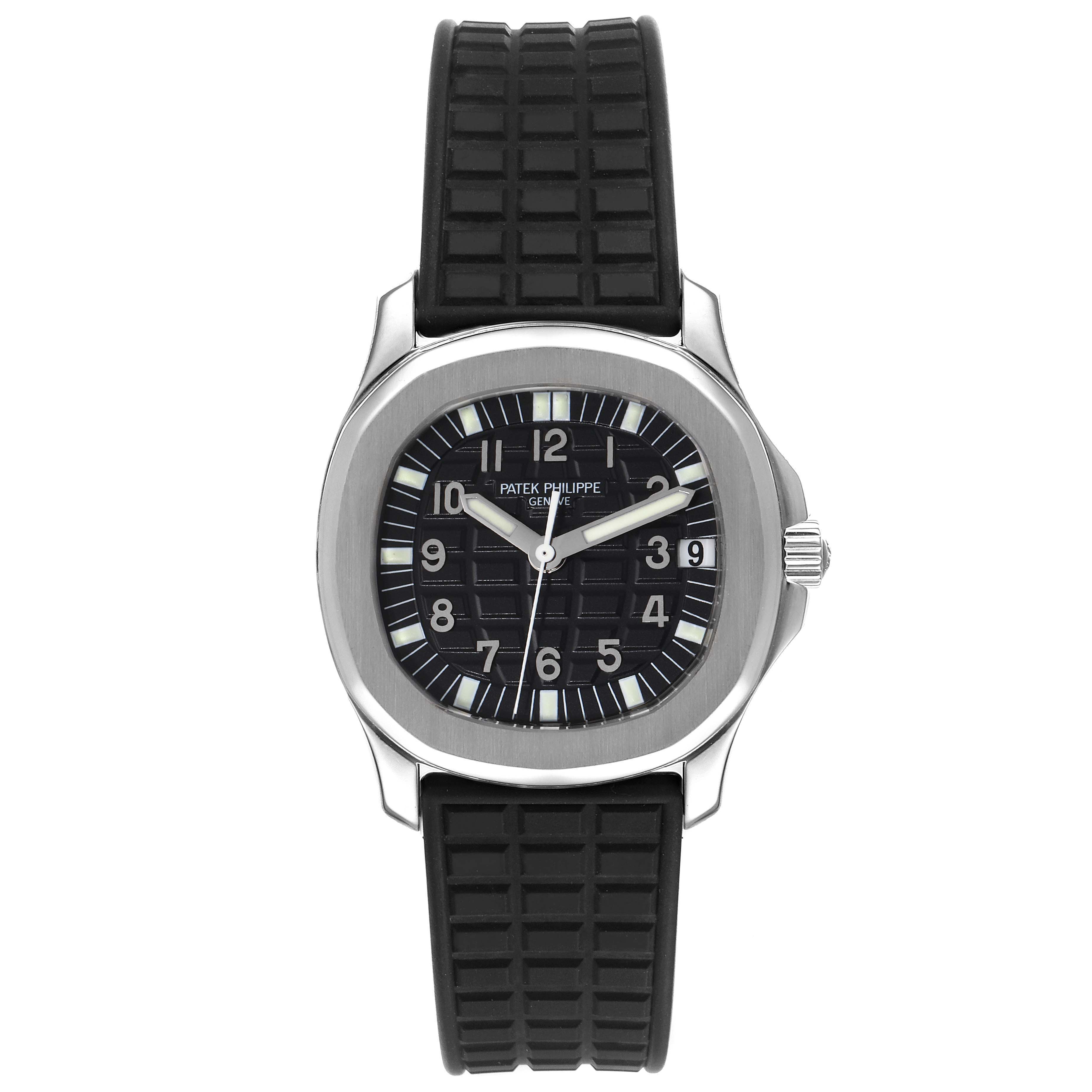 This image shows a front view of the Patek Philippe Aquanaut 5066A Men
s Stainless Steel Black Dial 5066A Men
s Stainless Steel Black Dial, displaying its dial, bezel, case, and black rubber strap.