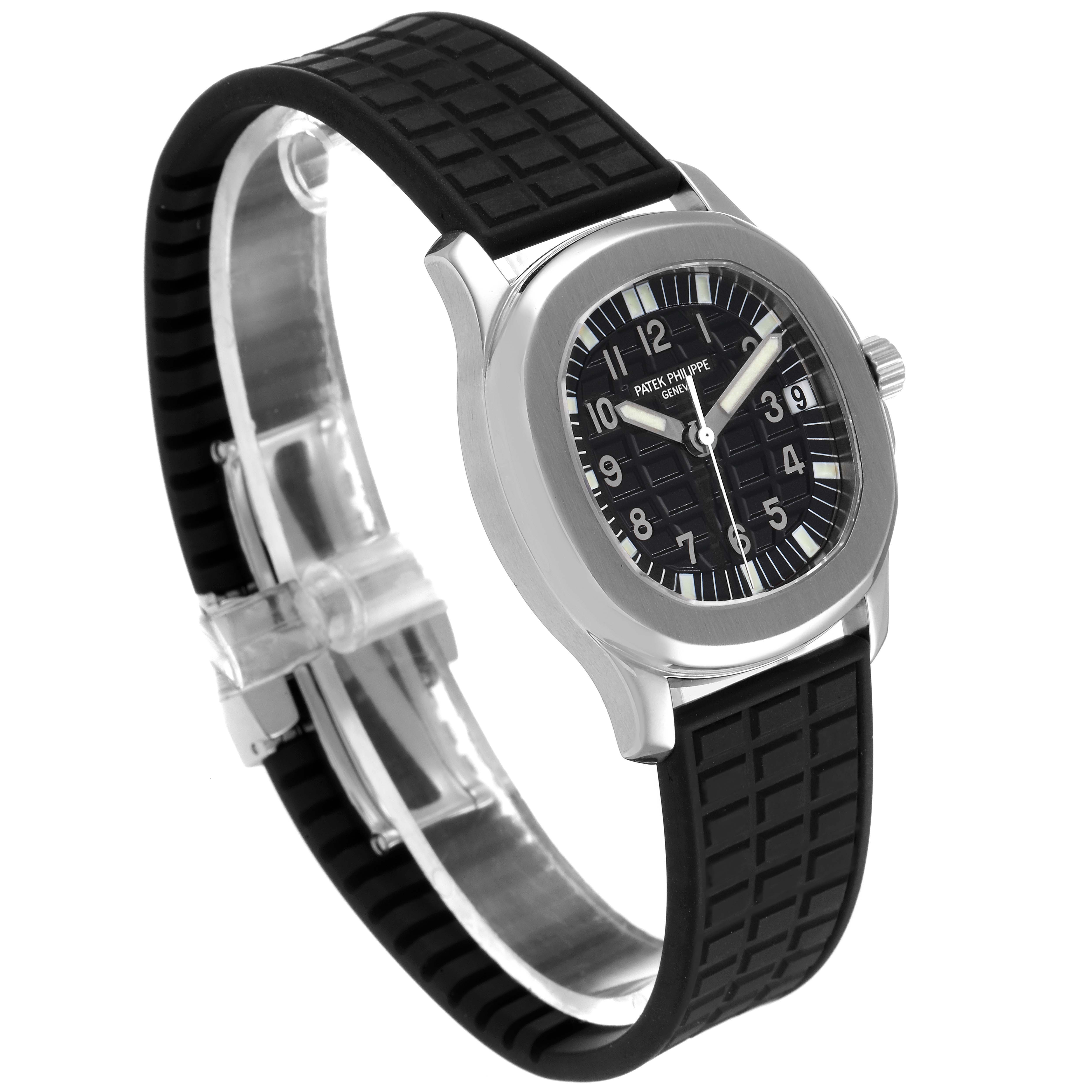 The image shows a side view of a Patek Philippe Aquanaut 5066A Men
s Stainless Steel Black Dial 5066A Men
s Stainless Steel Black Dial watch displaying the face, case, and rubber strap.