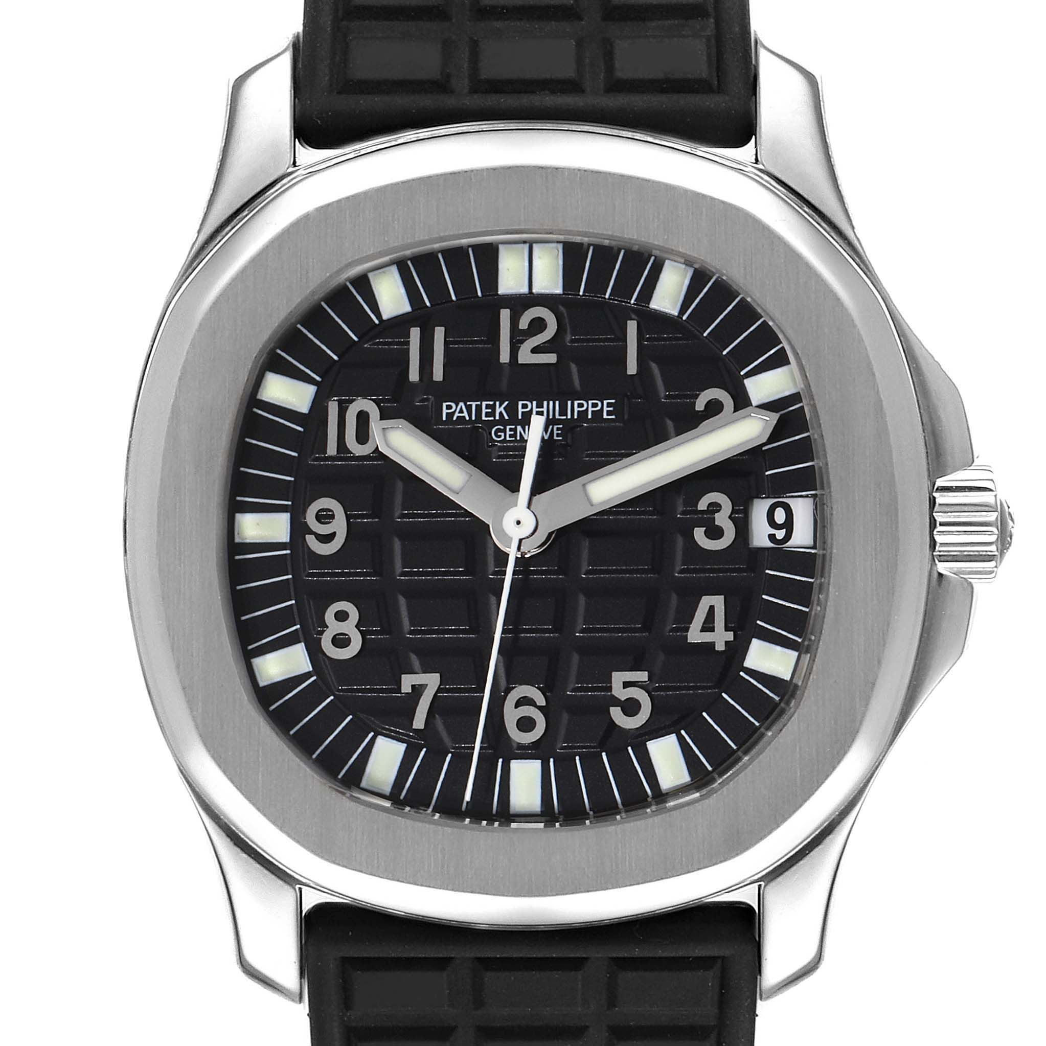 The image shows a front view of a Patek Philippe Aquanaut 5066A Men
s Stainless Steel Black Dial 5066A Men
s Stainless Steel Black Dial watch, highlighting the dial, bezel, and black rubber strap.