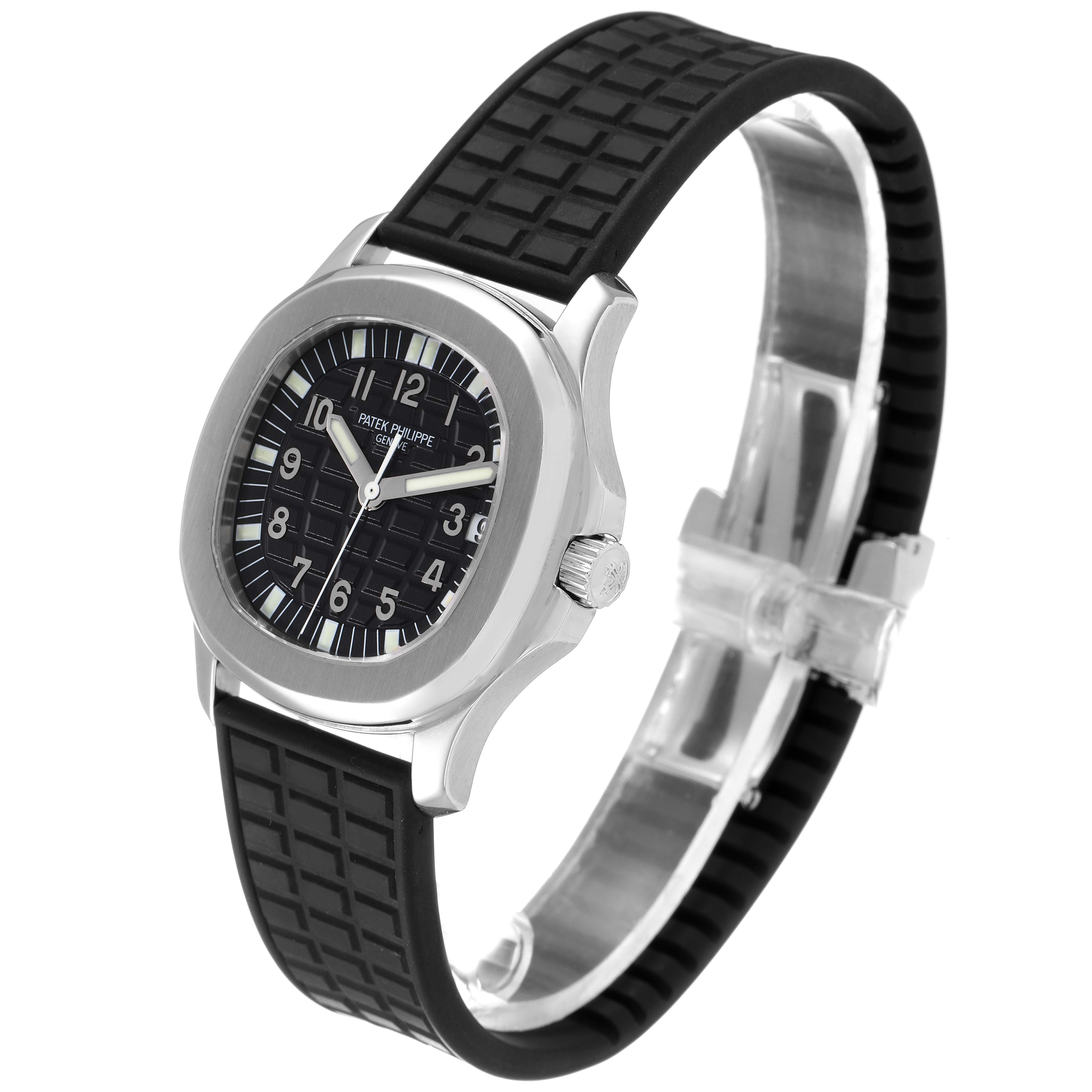 The image shows a side and front angle of a Patek Philippe Aquanaut 5066A Men
s Stainless Steel Black Dial 5066A Men
s Stainless Steel Black Dial watch with a black strap and stainless steel case.