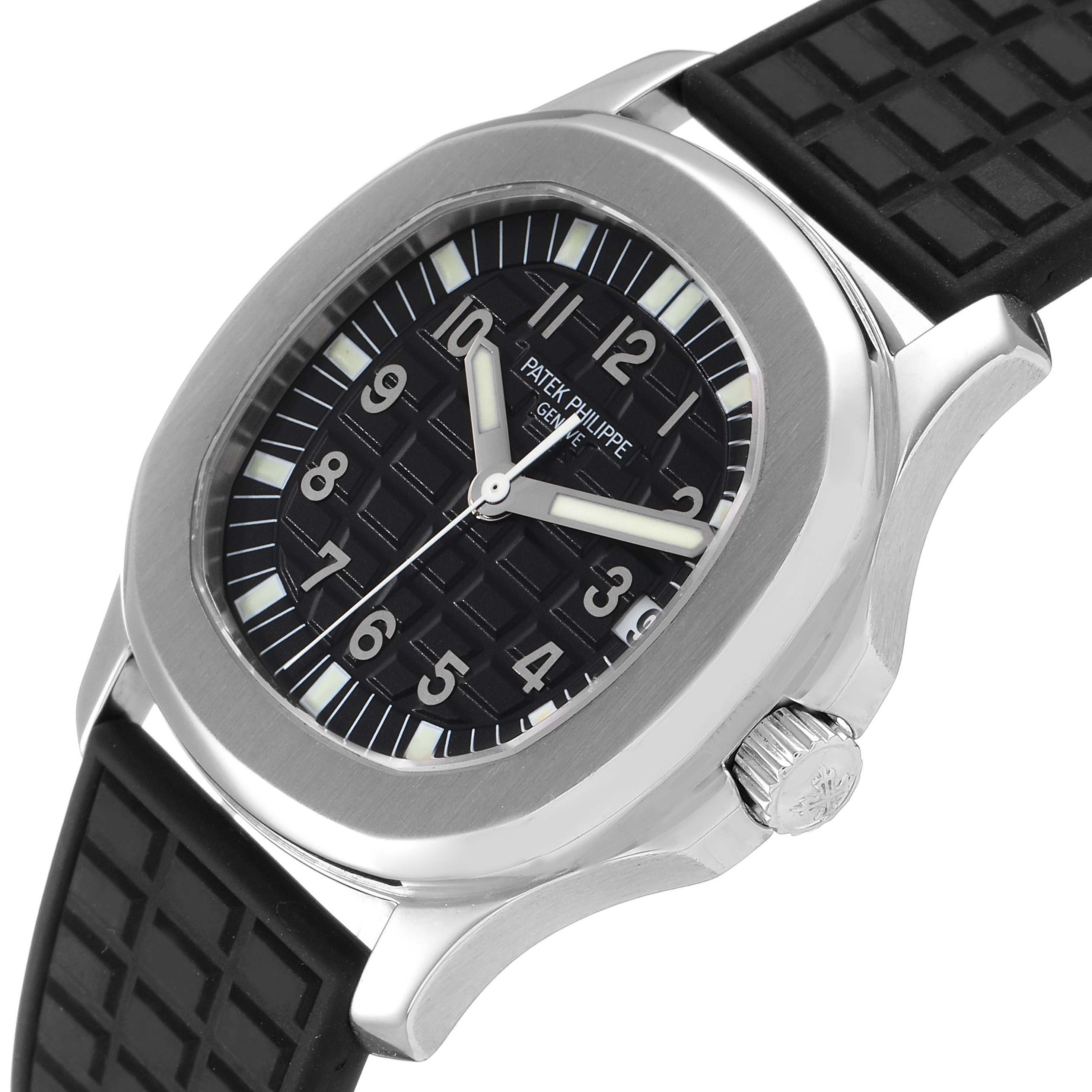 This image shows a Patek Philippe Aquanaut 5066A Men
s Stainless Steel Black Dial 5066A Men
s Stainless Steel Black Dial watch angled from the side, displaying the face, bezel, crown, and rubber strap.