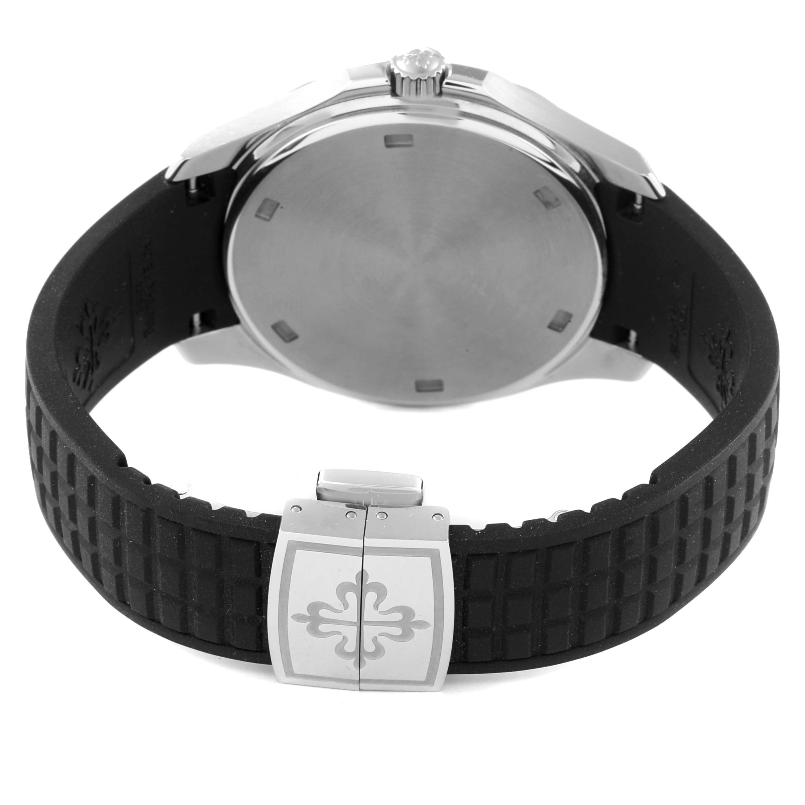 This image shows the back view of the Patek Philippe Aquanaut 5267/200A - 01 Men's Stainless Steel Black Dial 5267/200A - 01 Men's Stainless Steel Black Dial watch, highlighting the case back, crown, and the clasp of the rubber strap.