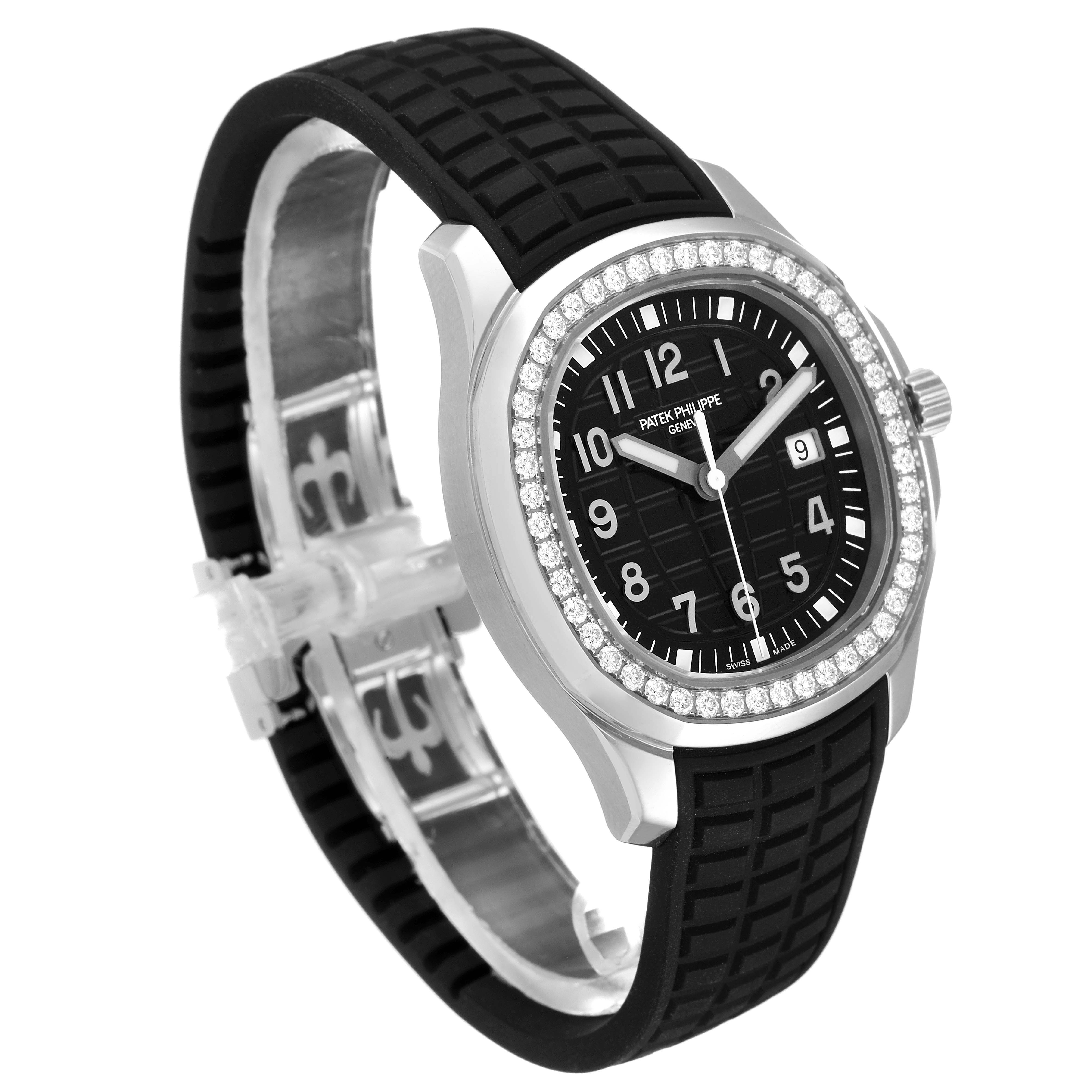 The Patek Philippe Aquanaut 5267/200A - 01 Men's Stainless Steel Black Dial 5267/200A - 01 Men's Stainless Steel Black Dial watch is shown from a front angle highlighting its bezel, dial, and strap.