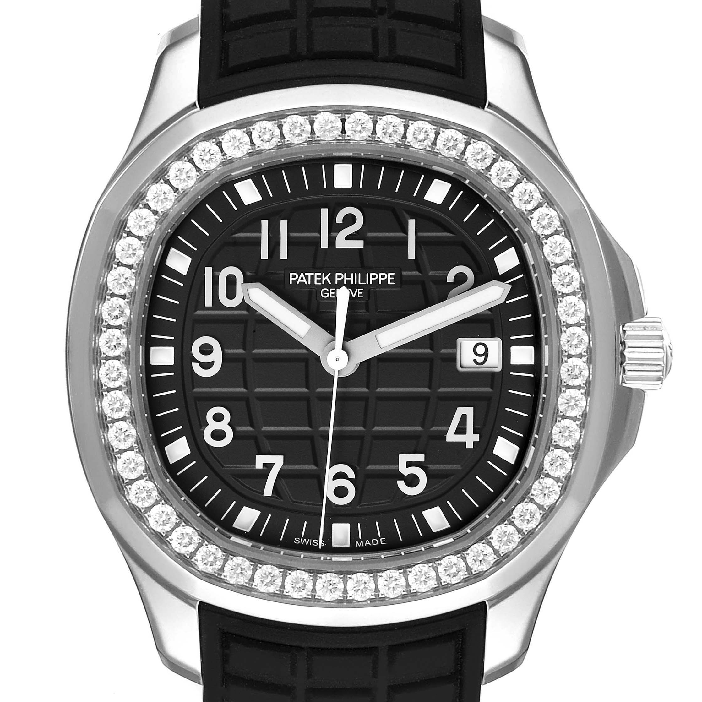 This image shows a frontal view of the Patek Philippe Aquanaut 5267/200A - 01 Men's Stainless Steel Black Dial 5267/200A - 01 Men's Stainless Steel Black Dial watch, highlighting its black dial, diamond-set bezel, and rubber strap.