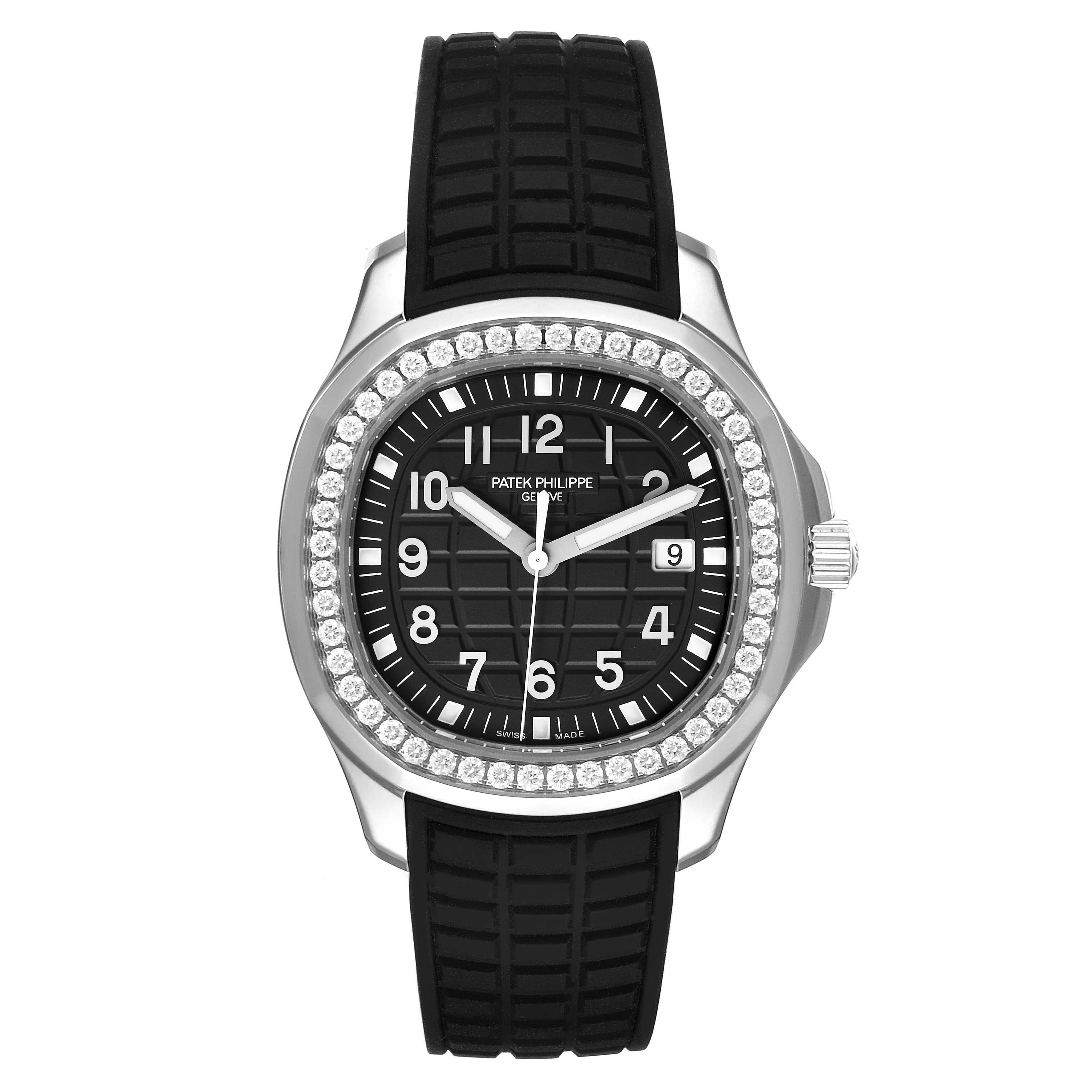 The image shows a front view of the Patek Philippe Aquanaut 5267/200A - 01 Men's Stainless Steel Black Dial 5267/200A - 01 Men's Stainless Steel Black Dial watch, featuring a black dial, a diamond-set bezel, and a black strap.