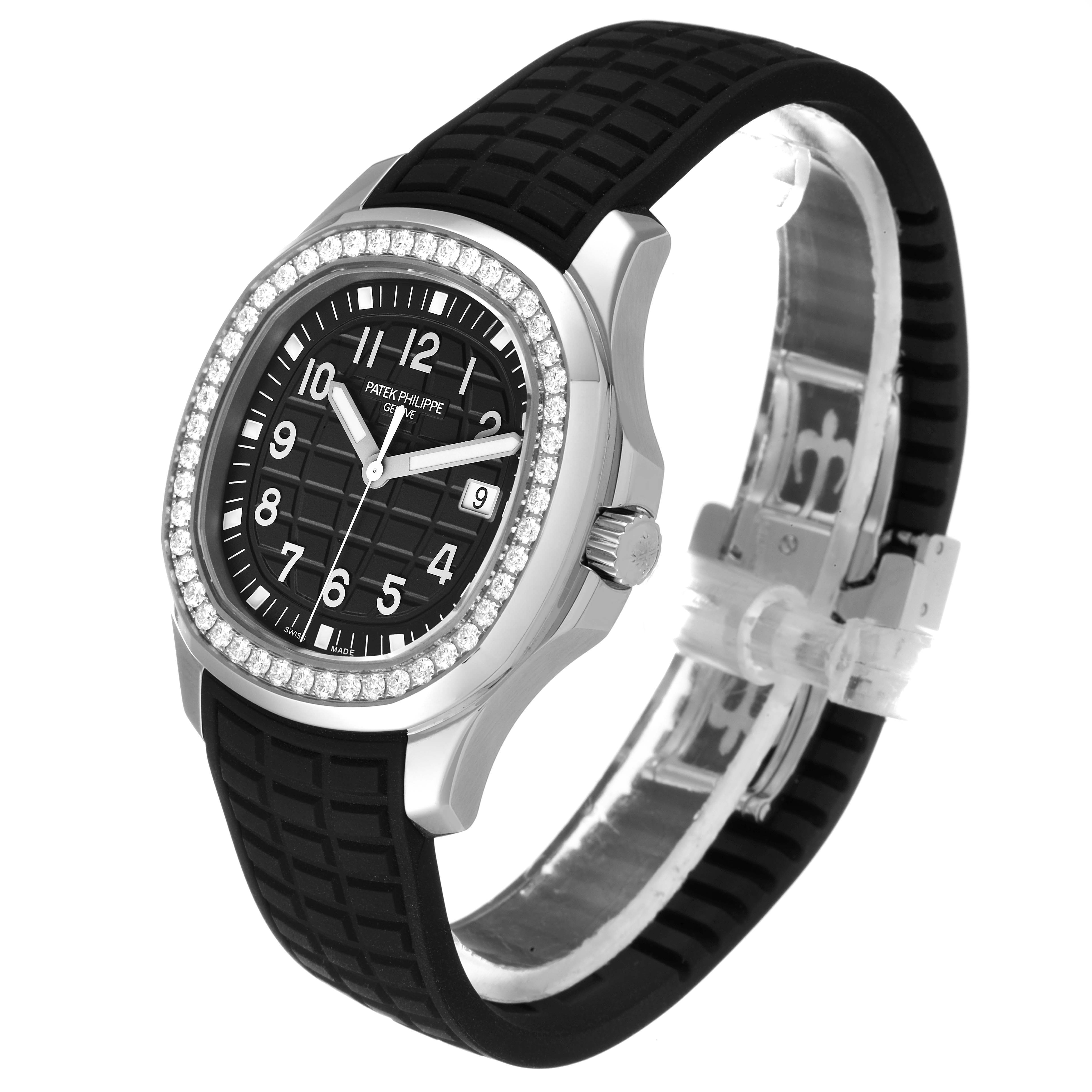 The image shows a side-angle view of the Patek Philippe Aquanaut 5267/200A - 01 Men's Stainless Steel Black Dial 5267/200A - 01 Men's Stainless Steel Black Dial, highlighting its dial, bezel, and black rubber strap.