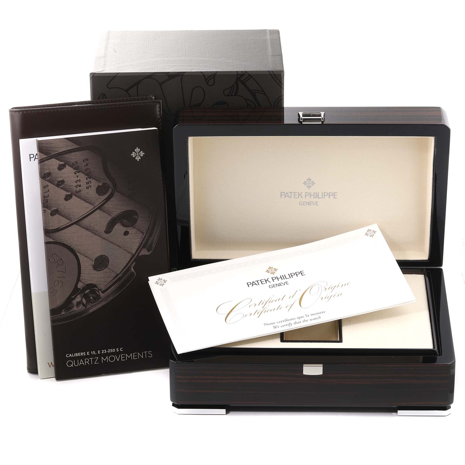 The image shows the packaging, box, and certificates for the Patek Philippe Aquanaut 5267/200A - 01 Men's Stainless Steel Black Dial 5267/200A - 01 Men's Stainless Steel Black Dial watch.