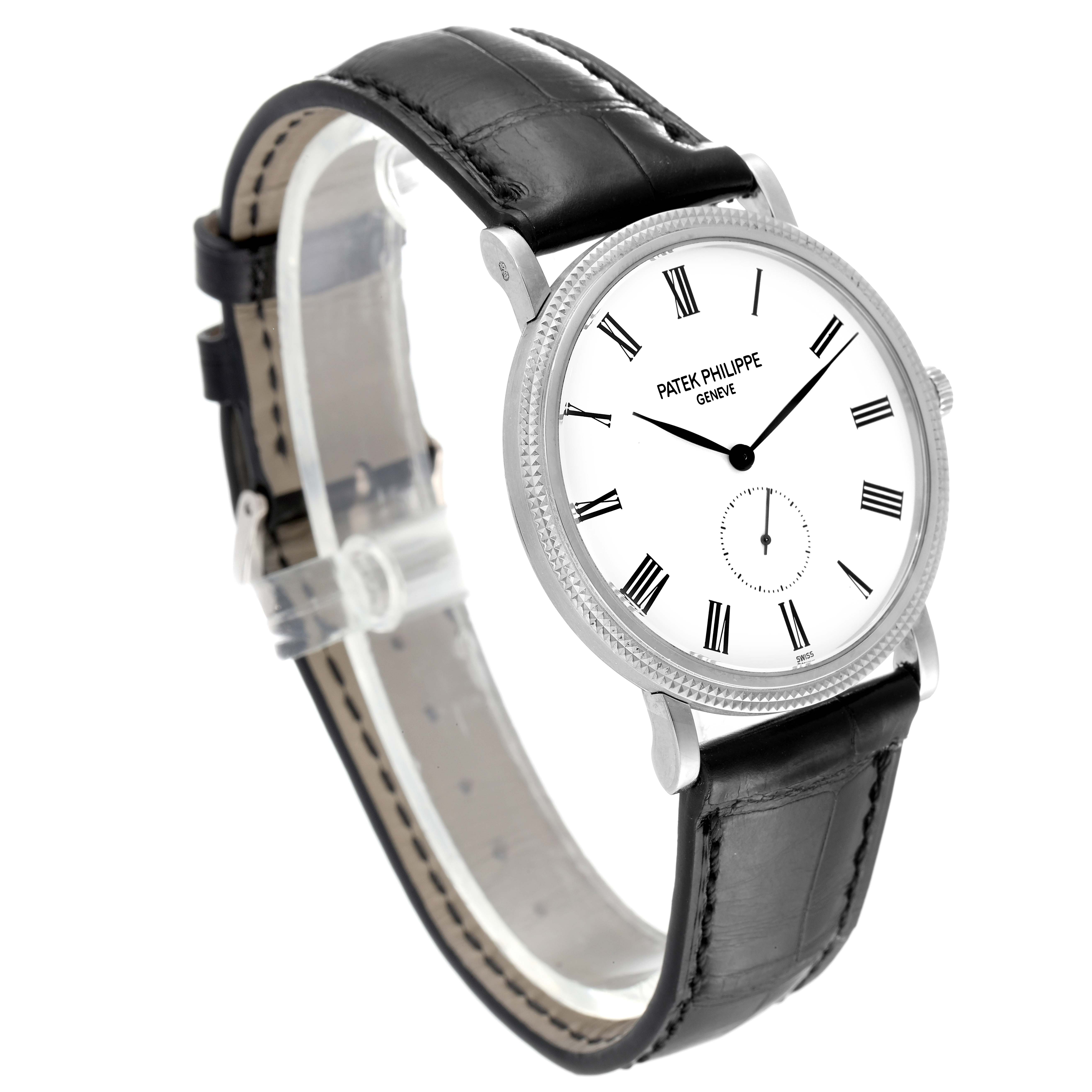 The Patek Philippe Calatrava 5119G Men's White Gold White Dial 5119G Men's White Gold White Dial watch is shown from a front-side angle, displaying its face, black leather strap, and crown.