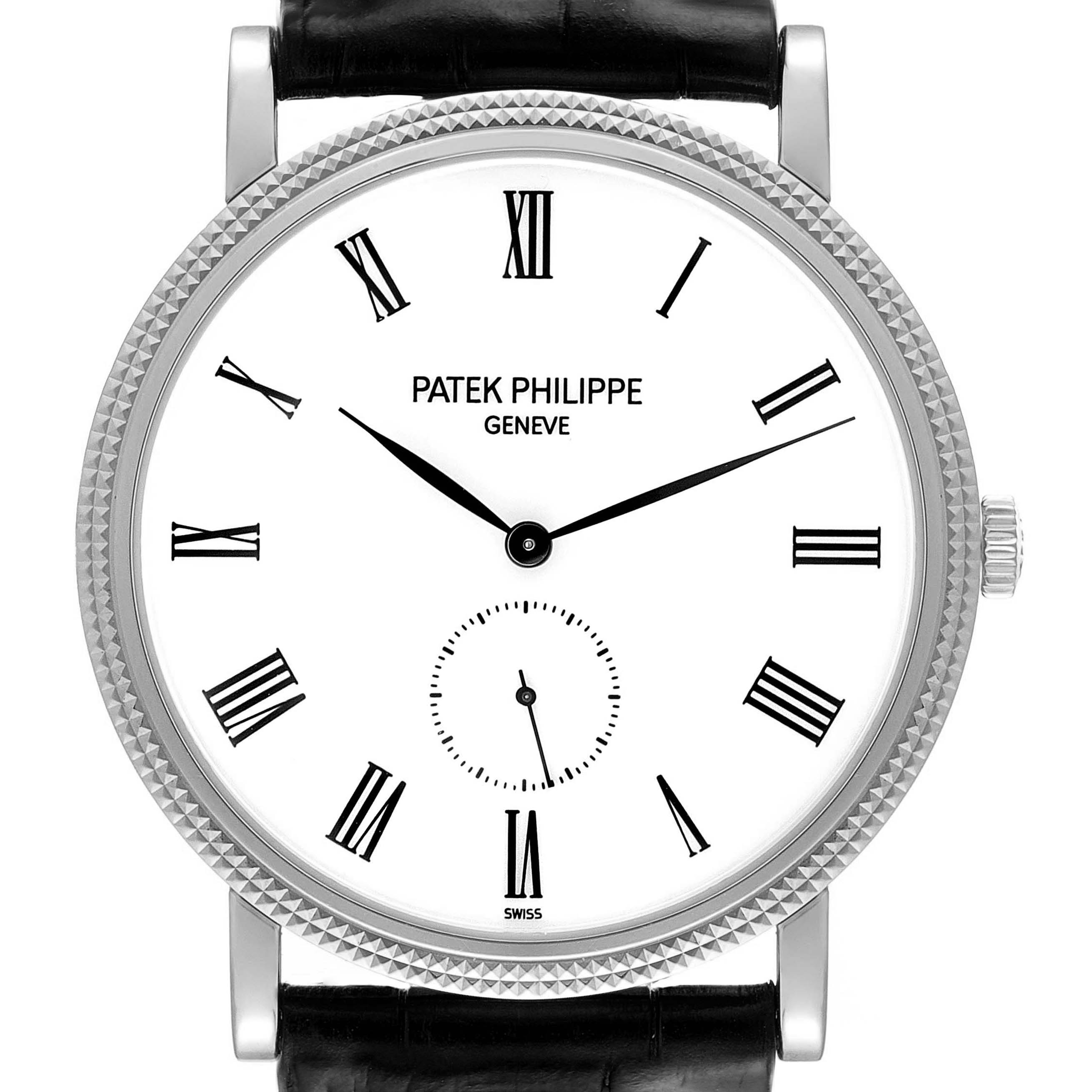 The image shows a front view of a Patek Philippe Calatrava 5119G Men's White Gold White Dial 5119G Men's White Gold White Dial watch, featuring a white dial, Roman numerals, and a black leather strap.