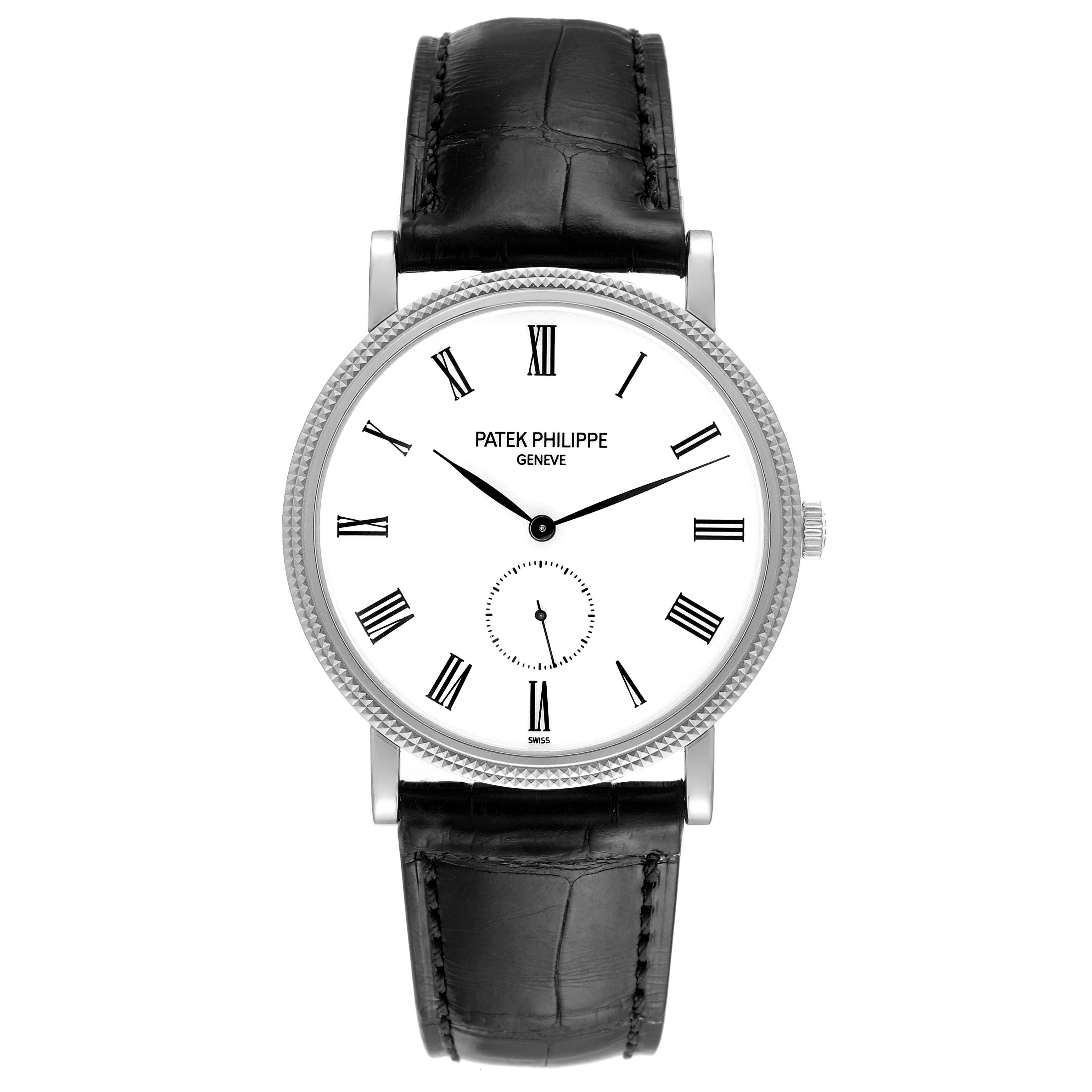 The image shows a front view of a Patek Philippe Calatrava 5119G Men's White Gold White Dial 5119G Men's White Gold White Dial watch, highlighting its dial, hands, crown, bezel, and leather strap.