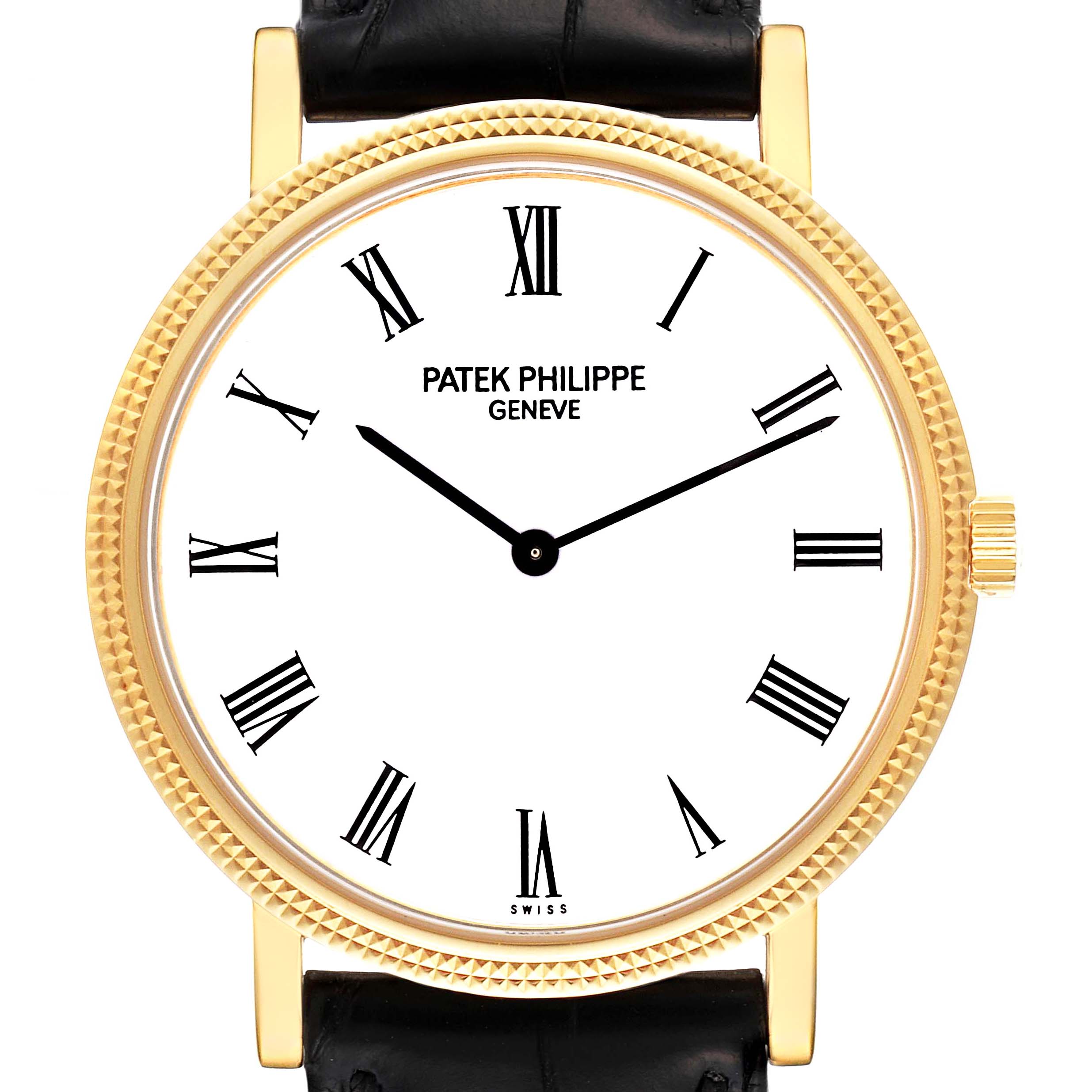 This image shows a front view of a Patek Philippe Calatrava 5120J Men's Yellow Gold White Dial 5120J Men's Yellow Gold White Dial watch, displaying the face, bezel, and crown.