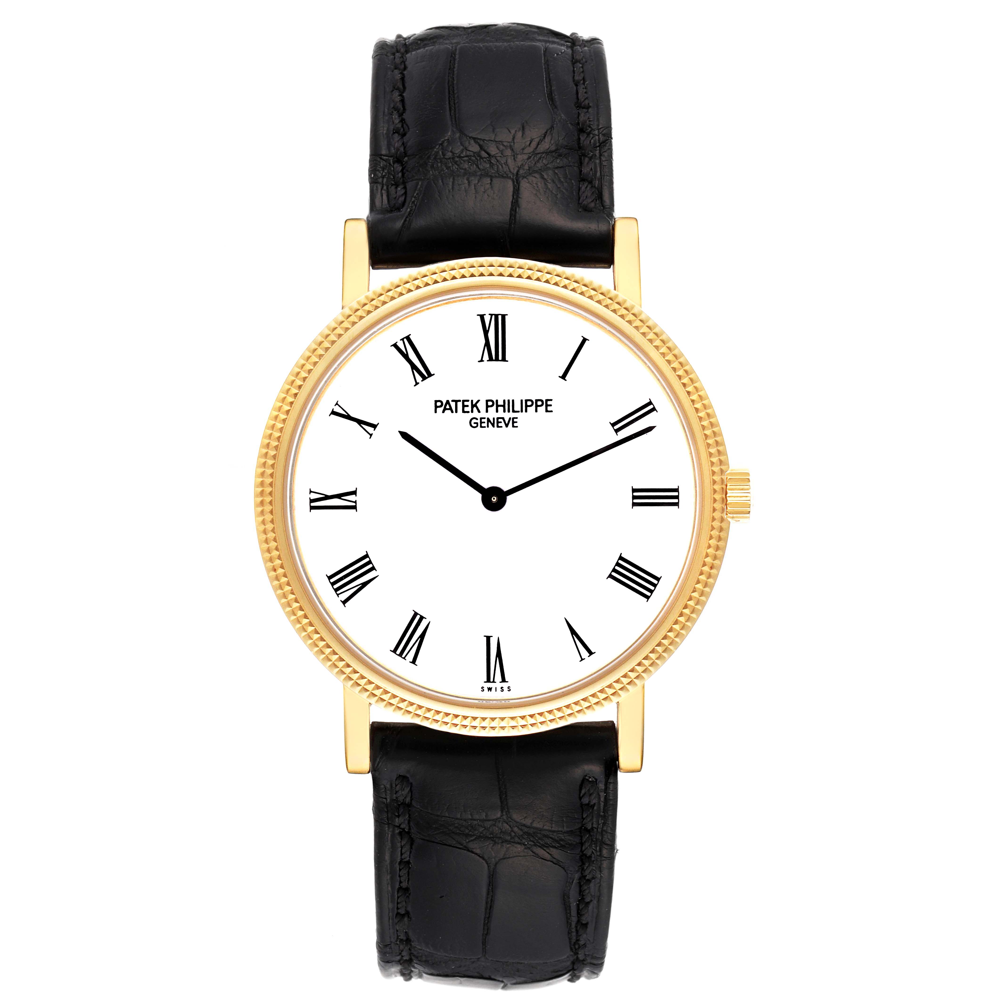 This Patek Philippe Calatrava 5120J Men's Yellow Gold White Dial 5120J Men's Yellow Gold White Dial watch is shown from a front angle, displaying the dial, case, and black leather strap.