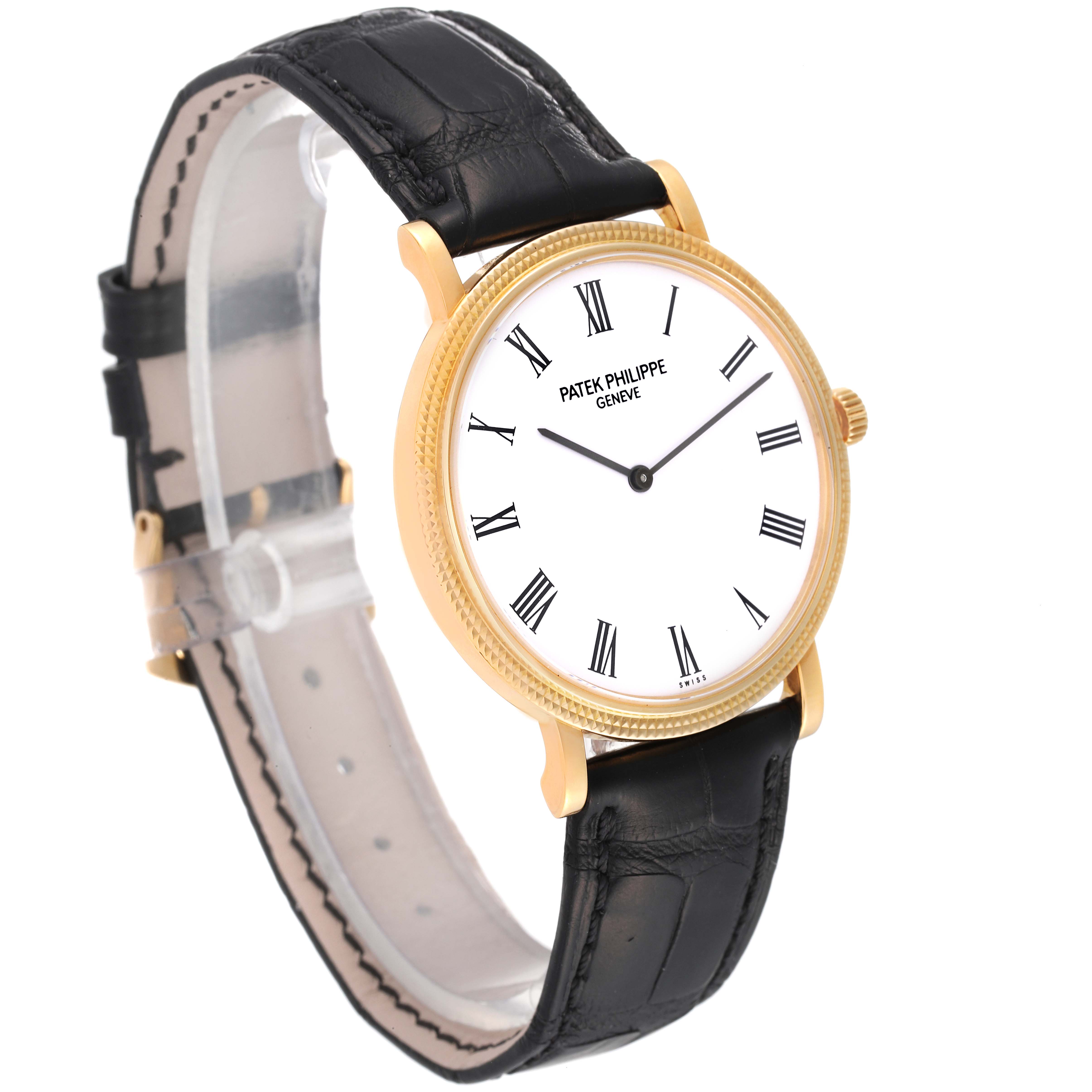 The image shows a Patek Philippe Calatrava 5120J Men's Yellow Gold White Dial 5120J Men's Yellow Gold White Dial watch from an angled perspective, highlighting the watch face, case, and leather strap.