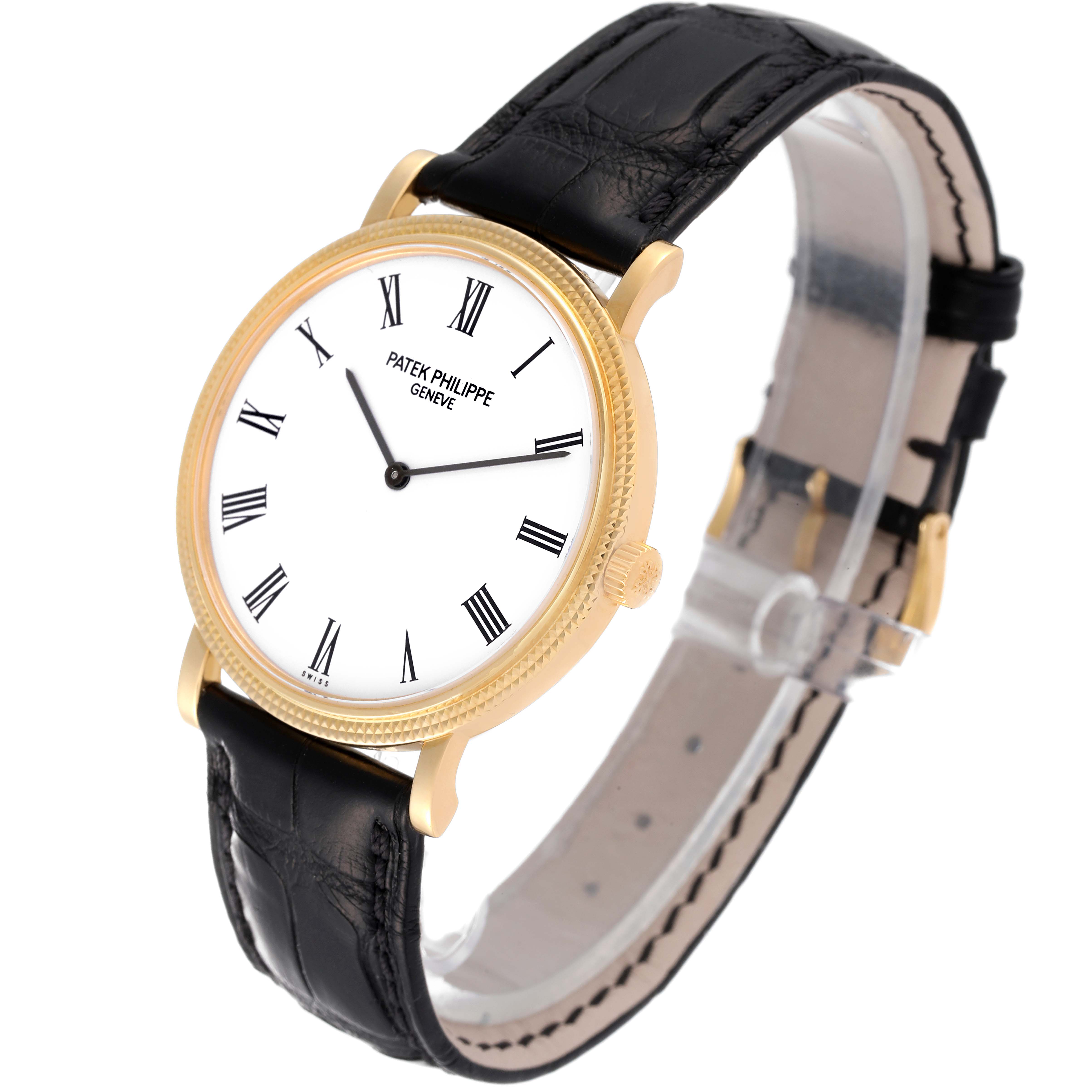 The image shows a side angle of the Patek Philippe Calatrava 5120J Men's Yellow Gold White Dial 5120J Men's Yellow Gold White Dial watch, highlighting its black leather strap and white dial with Roman numerals.