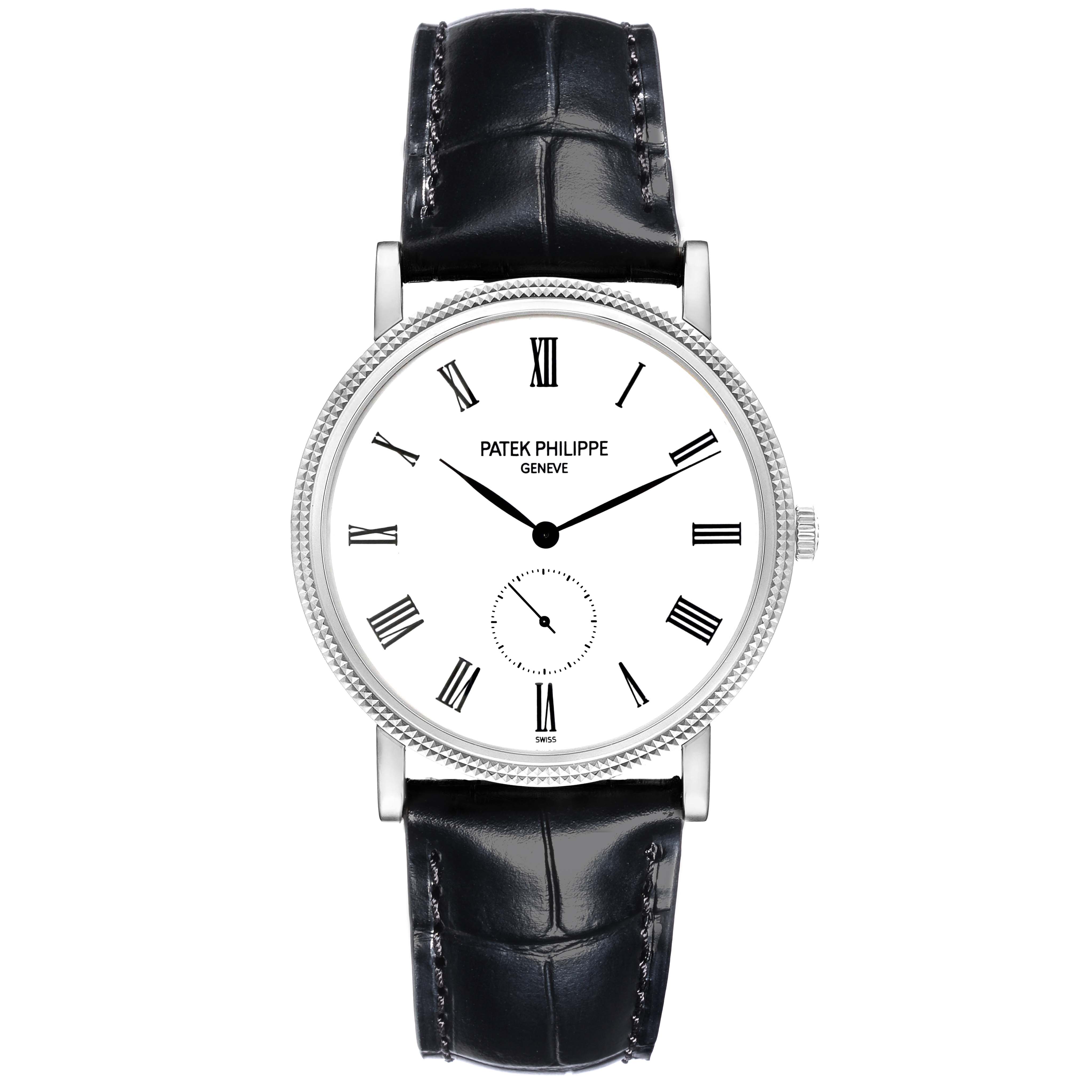 The image shows a front view of the Patek Philippe Calatrava 5119G-001 Men
s White Gold White Dial 5119G-001 Men
s White Gold White Dial watch, highlighting its dial, leather strap, and casing.