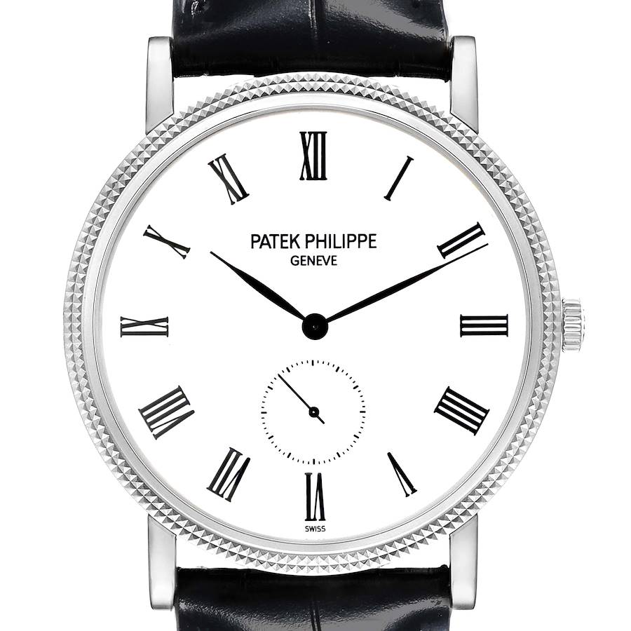 The Patek Philippe Calatrava watch is shown from the front, displaying the face, bezel, and strap attachment.